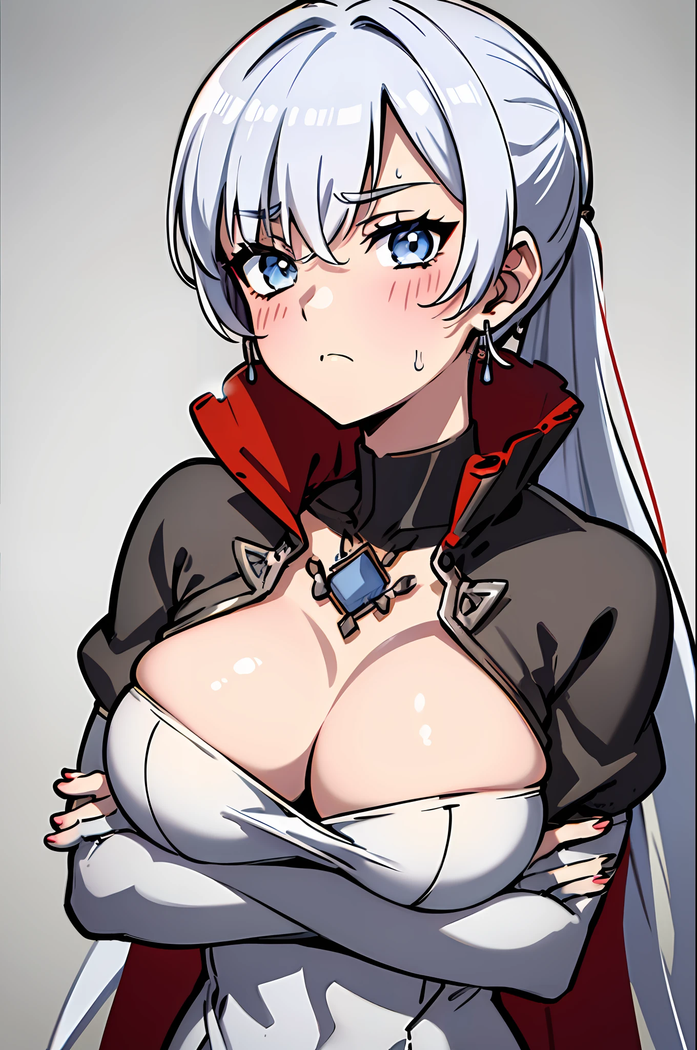 (Masterpiece, Best Quality:1.2), Cowboy shot, 独奏, 1girl, white colored hair, Vaisvale, expressionless, closed mouth, looking a viewer, crossed arms, pony tail, scar across eye, whitedress, Jewelry, necklace, earings, Huge-, convex areolas-body, Spacer frame, Erotica, steamds of ice, Sex), glistering, Genlly chubby, стервозная, High Commercial Industry, slap, Wet, Red Hand Mark