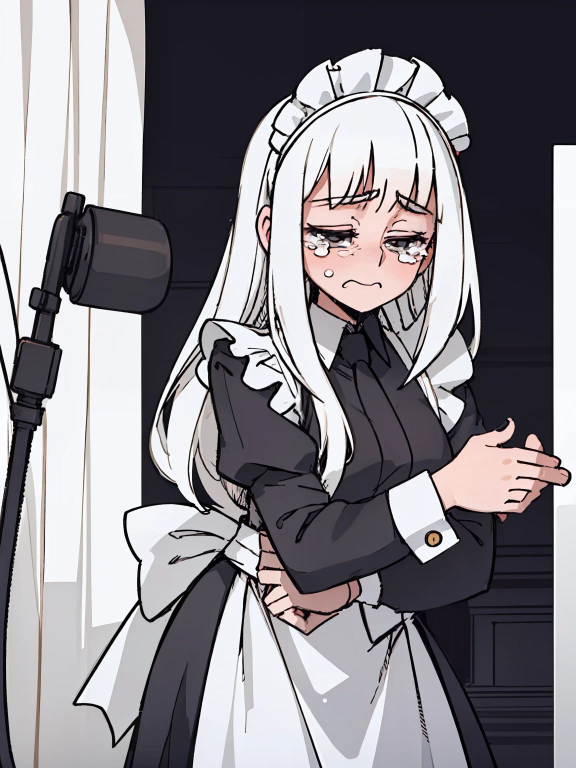 A girl frontal,((full bodyesbian,Long curly white hair,the maid outfit,streaming tears)),Calf white silk,Put your hands in front,Young, White background