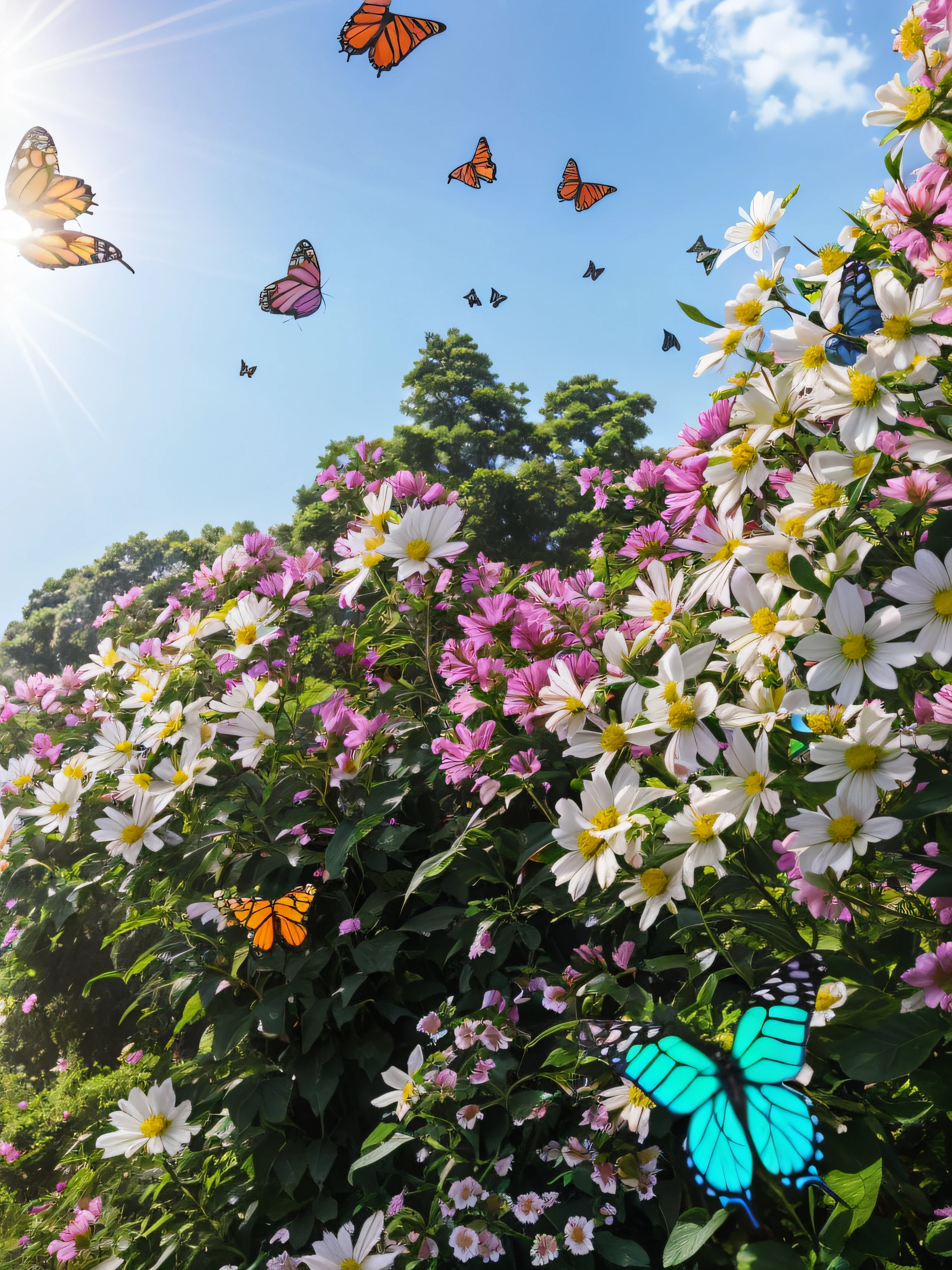 Butterflies fly over a bush of flowers in the sunny sun, flowers and butterflies, butterflies flying, Butterfly in the foreground, Butterflies and sunlight, Butterflies float in the sky, harmony of butterfly, beautiful composition 3 - d 4 k, background is heavenly, beautiful fine sky, Flowers, Butterflies, Flowers explode, bright sunny summer day, sunny morning light