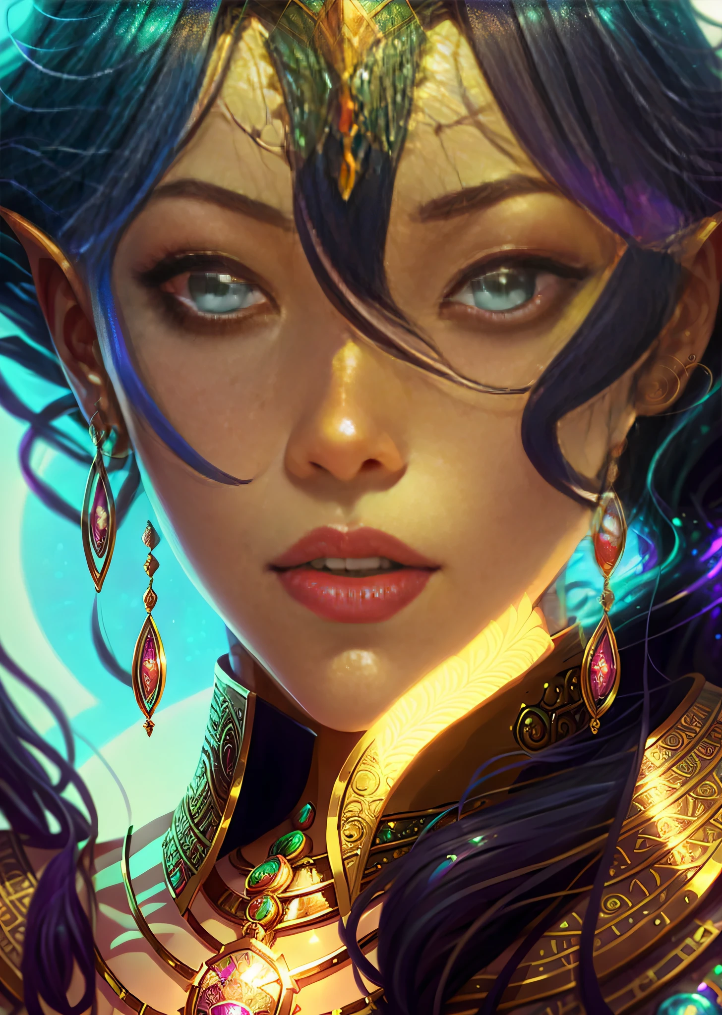 a close up of a woman with a necklace and earrings, rossdraws | afrofuturism, closeup character portrait, detailed character portrait, character art closeup, dnd portrait of a tiefling, epic portrait illustration, character portrait closeup, charlie bowater character art, dnd character art portrait, loish and wlop, afrofuturism, detailed digital painting, charlie bowater art style, mel arcane