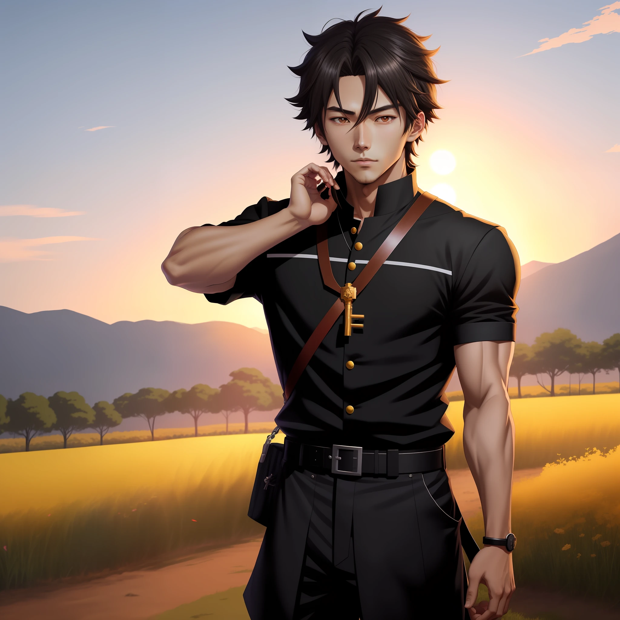 Anime boy in field with sunset background, Anime handsome man，brunette color hair，blackigeyes，black-clad, Anime portrait of a handsome man, Official illustration, offcial art, young anime man, Key anime art, Smooth anime CG art, inspired by Okumura Togyu, inspirado em Okumura Masanobu, Kazuto Okada。, hana yata, Handsome anime pose