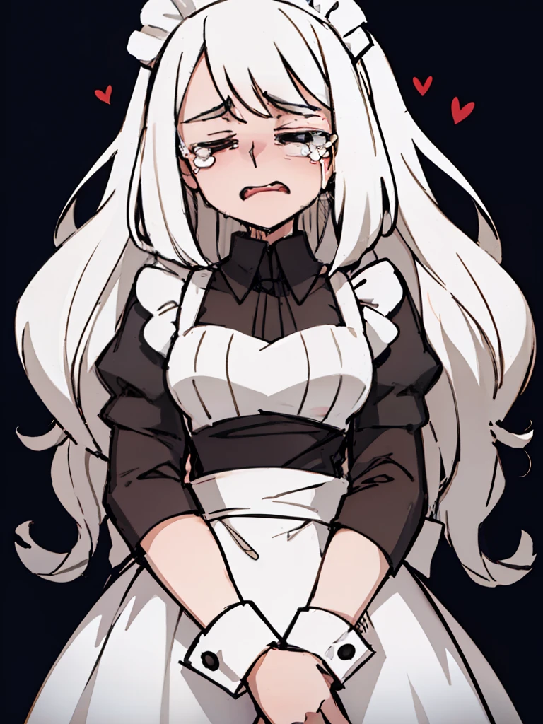 A girl frontal,((full bodyesbian,Long curly white hair,the maid outfit,streaming tears)),Calf white silk,Put your hands in front,Young, White background