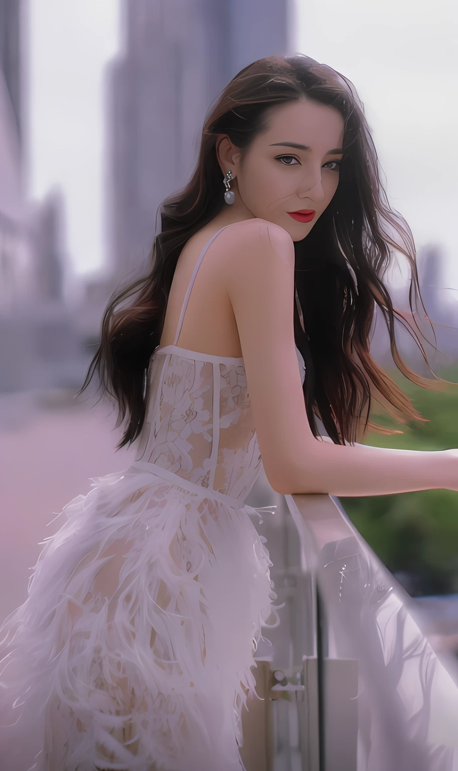 Woman in white dress leans against the railing, dressed in a frilly ((Lace)), Wearing a gorgeous dress, Wearing a feather dress, shaxi, Ethereal beauty, dressed in white intricate lace, Ethereal and dreamy, Dressed in elegant dresses, Dreamy and ethereal, dressed beautiful gown, White lace, cute elegant pose, a stunning young ethereal figure
