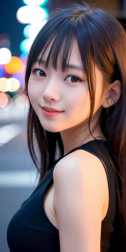 1girl, Tokyo street,night, cityscape,city lights,upper body,close-up,smile,, (8k, RAW photo, best quality, masterpiece:1.2),(realistic, photo-realistic:1.37),