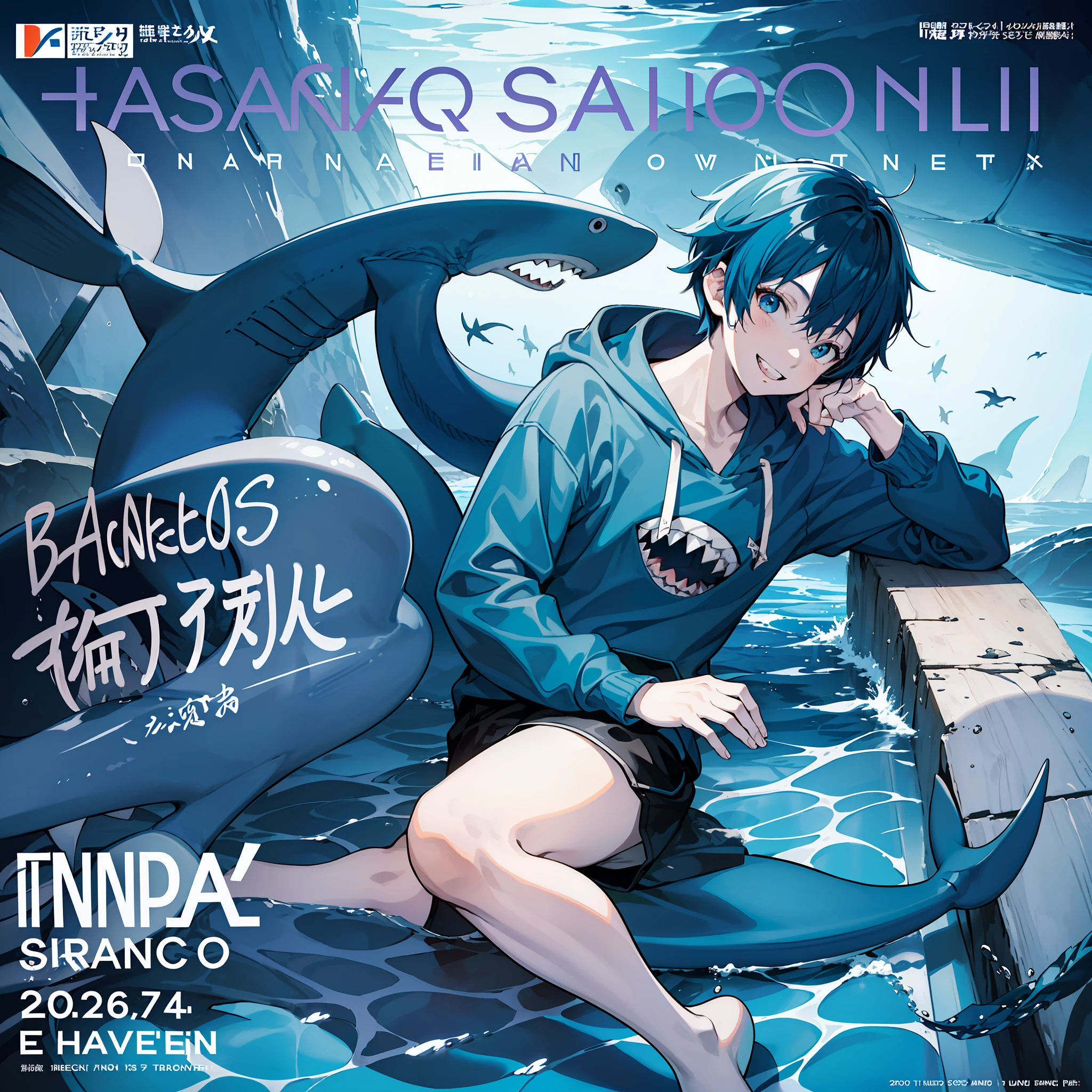 masterpiece, best quality, full body, (1boy), (Wearing a blue shark tail hoodie), (smiling shark teeth),(Boy Messy Japanese Round Haircut for Thick Hair), (blue hair), black shorts, ((solo)), (magazine:1.3), (cover-style:1.3), fashionable,Under water, (in side tunnel aquarium),