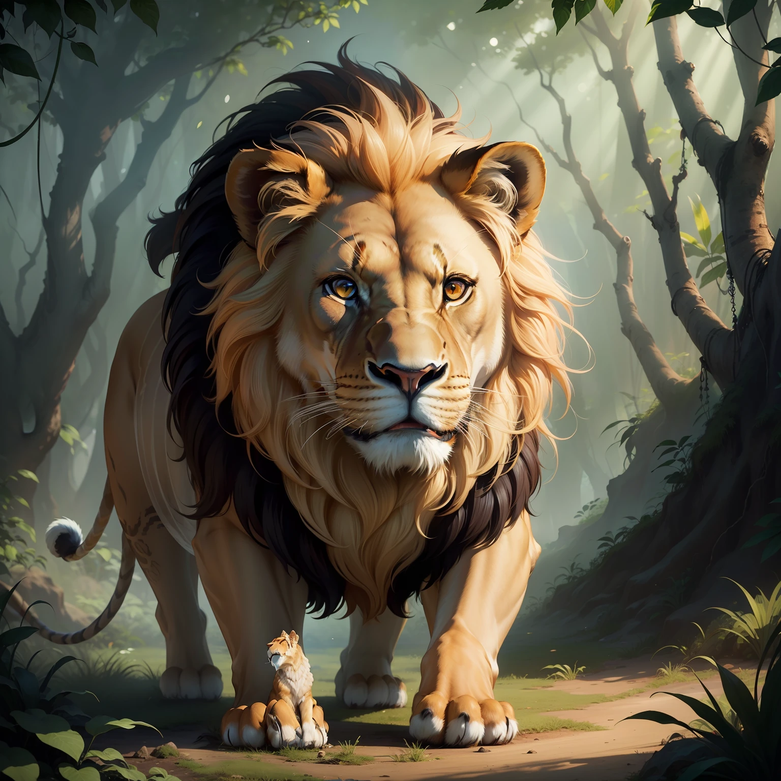 (top-quality、masterpiece:1.2)、Photonic style、One male lion、Jungle background、Face front、Sideways body、Standing、barking
