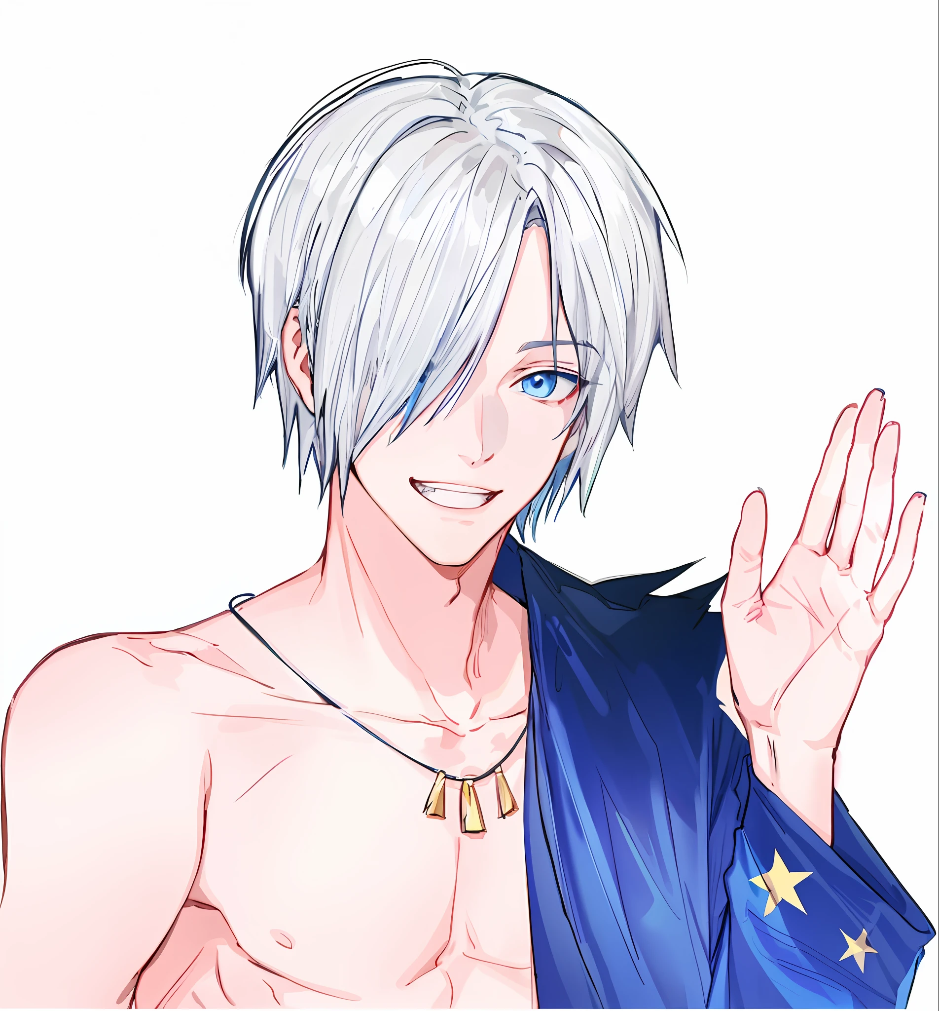 anime guy with white hair and blue shirt waving his hand, xqc, with index finger, handsome anime pose, tall anime guy with blue eyes, delicate androgynous prince, male anime character, smileing nright, roguish smirk, dramatic smirk pose, pose(arms up + happy), 8k!!, zerochan