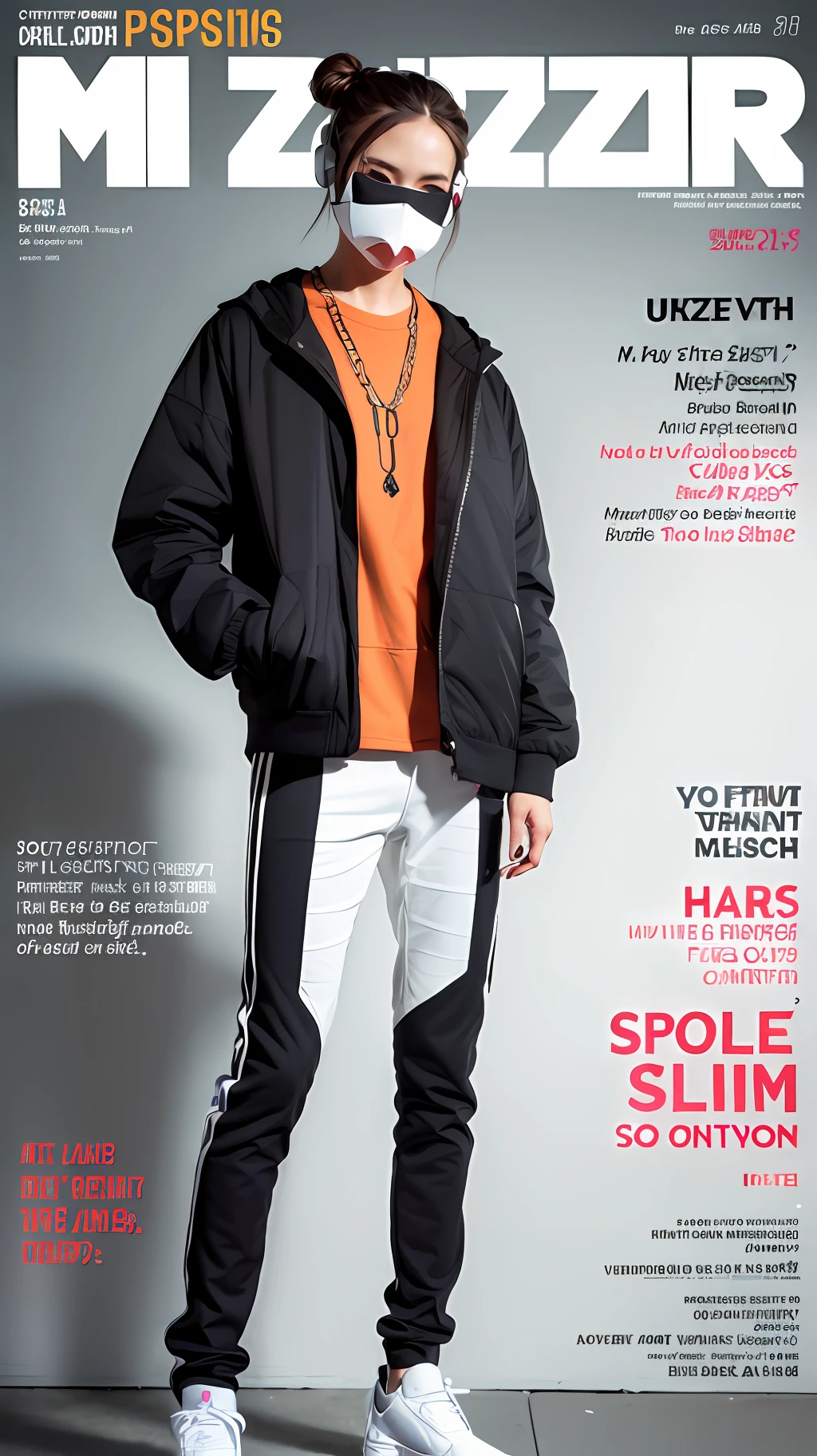 (magazine cover:1.3),ulzzang-6500, (realistic: 1.3) (original: 1.2), masterpiece, best quality, beautiful clean face, fullbody, 1woman, (wearing black and white and cobalt scifi techmask and headphones with complex electronics), wearing black techwear jacket and orange trousers with buckle and tape, (crystal necklace), posing for a picture, (white braided bun hair),