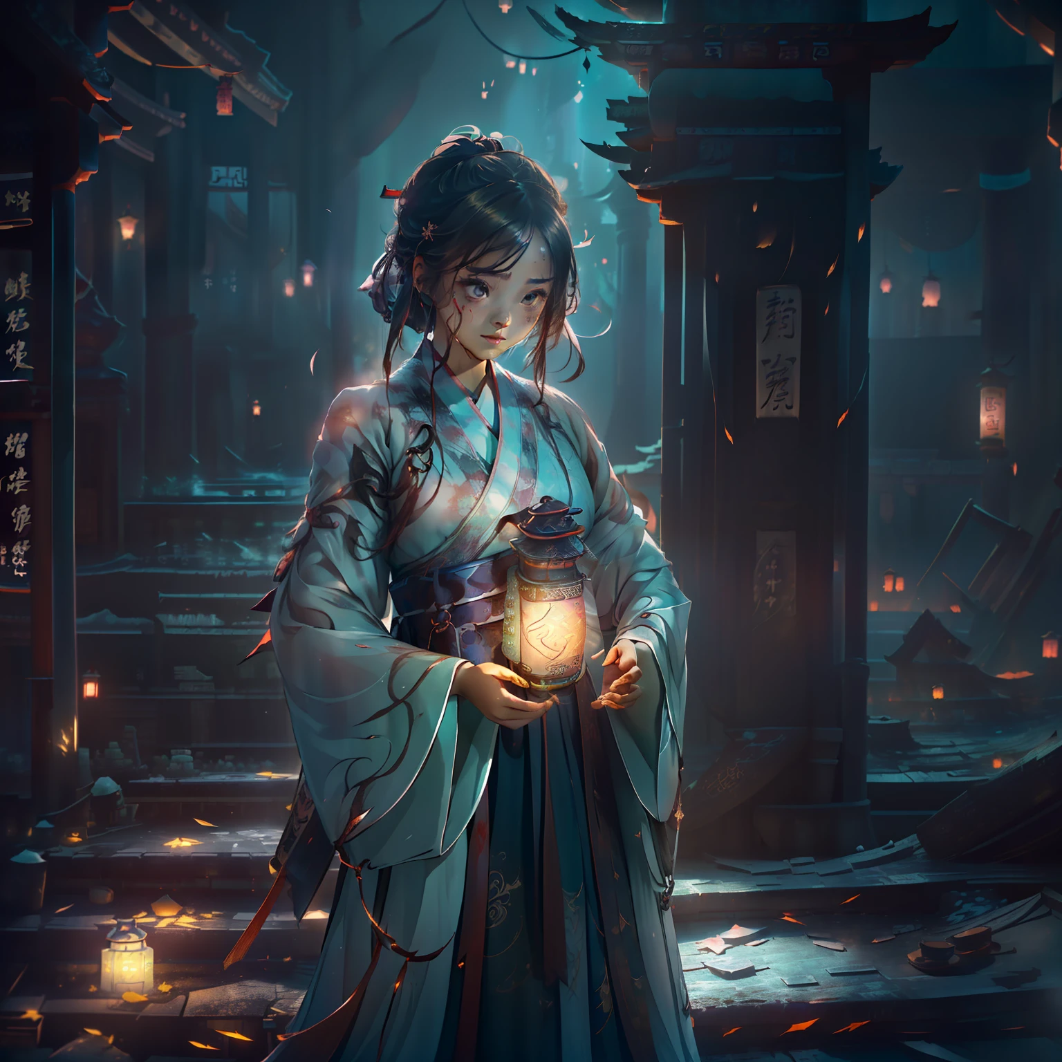 Very cute girl,G Cup Breasts,(Hanfu:1.6),(Hunfu skirt:1.3),(Bewitching:1.4),(Mysterious Lantern Light:1.4),16 years old,a short bob,Leprechaun,(A crumbling abandoned temple with peeling paint:1.5),(Darkness of the night:1.5),(top-quality:1.4) ,(Lonely smile),(The contrast between the darkness of the night and the brightness of the lanterns and the glow of the figures:1.3),(Light and shadow equal to the face:1.2),(Prone to downcast eyes:1.4),Look away,(Vague and ephemeral:1.4),(Otherworldly:1.4),