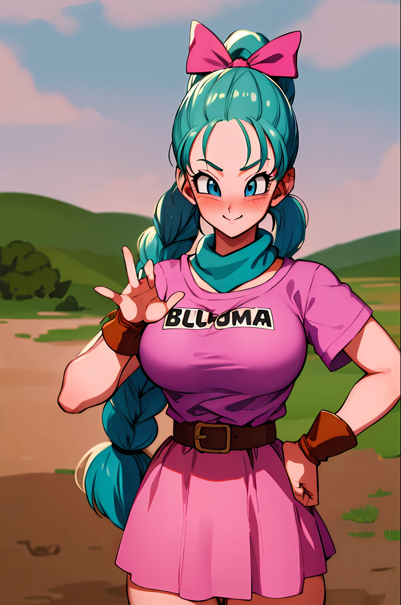 masterpiece, best quality, highres, dragon ball, blmpony, aqua hair, hair ribbon, braided ponytail, pink shirt, belt, scarf, pink skirt, clothes writing, brown gloves, ((large breasts)), outdoors, cowboy shot, waving, smile, (skinny waist), ((blushing)),