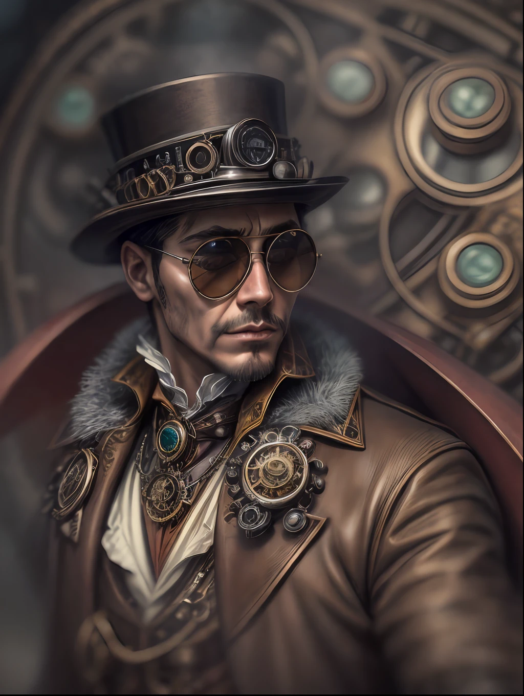 (steampunk),close up, 1man, man in the hat and round steel gear, sunglasses, victorian coat, shiny skin, ((steampunk, zeppelin)), cinematography, crafted, elegant, meticulous, magnificent, maximum details, extremely hyper aesthetic, intricately detailed, Hippie Glasses Retro Round Metal