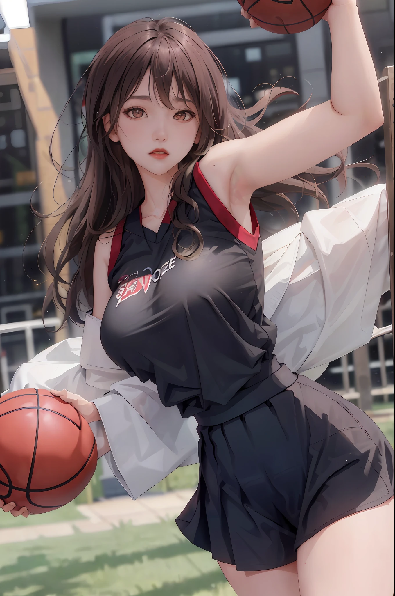 Masterpiece: 1.2, Best quality), Realistic, (Real picture, rich detail details, depth of fields), (1girll, Solo), Makeup, harelip, High detail, Perfect face shape, (Big breasts: 1.4), (skin indentation ), thick thight, Wide hips, Big breasts Thin waist, Tall guy, coral, Redlip, red - eyed, horse tailed,((((Girl playing basketball, Transparent black basketball uniform,V-neckline)))), (sweat leggs: 1.2), (dampness), Raised sexy, Be red in the face,Sweaty