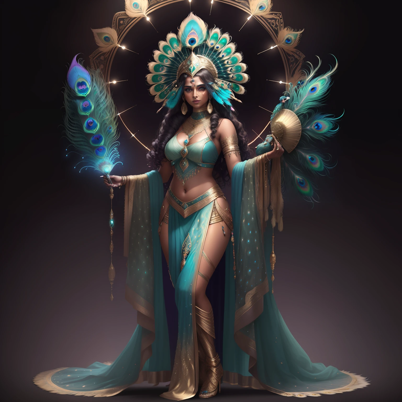 A indian women in galaxy with peacock feathers standing holding a big glowing paint brush futuristic. She is wrapped in gold jewelry and a peacock is standing in background. She have dark skin andvlong loose curly hair