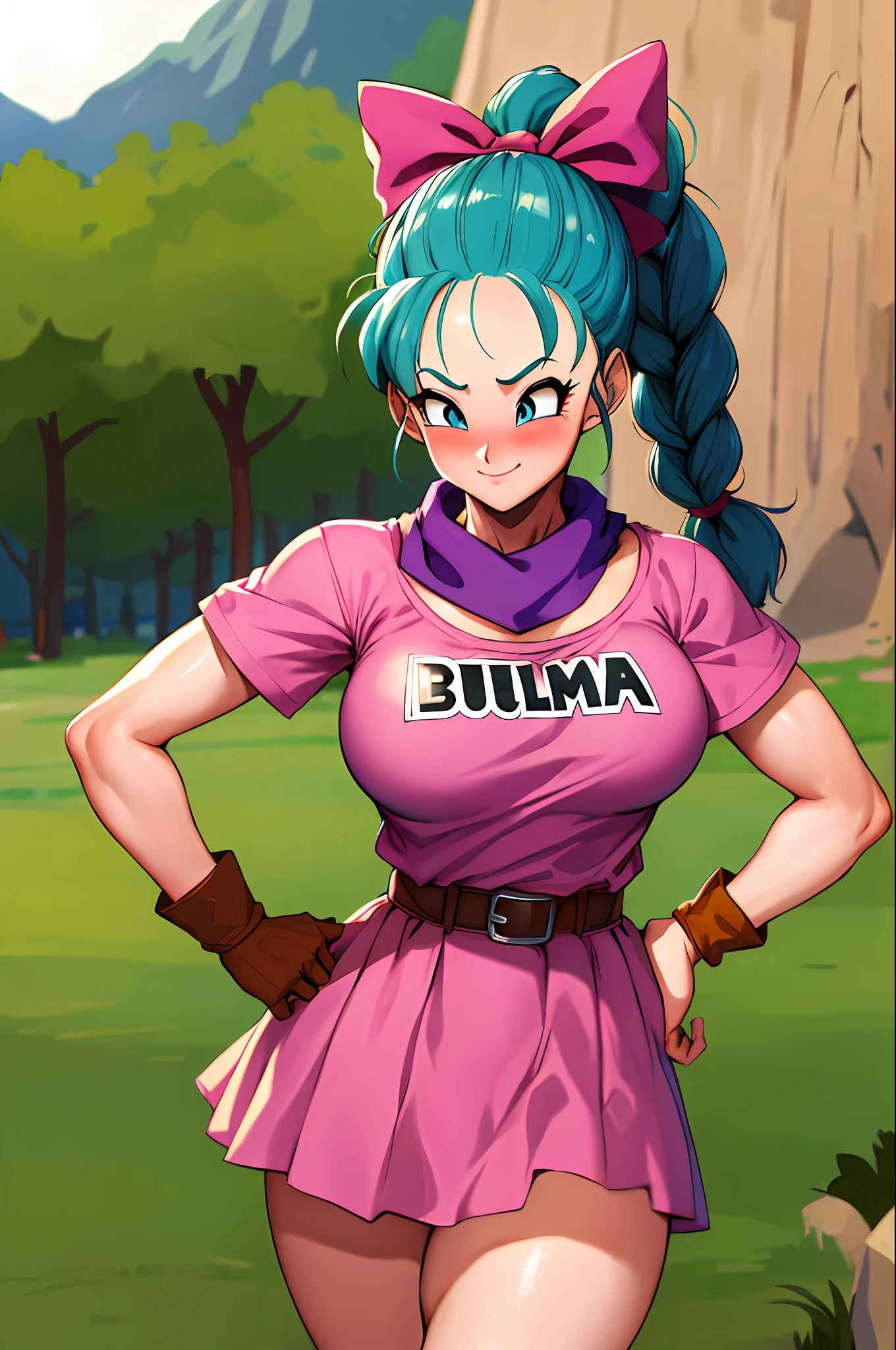 masterpiece, best quality, highres, dragon ball, blmpony, aqua hair, hair ribbon, braided ponytail, pink shirt, belt, scarf, pink skirt, clothes writing, brown gloves, ((large breasts)), outdoors, cowboy shot, waving, smile, (skinny waist), ((blushing)),