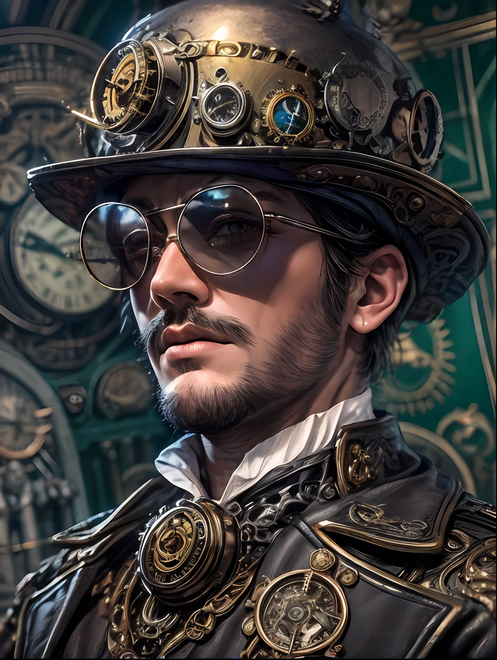 (steampunk),close up, 1man, man in the hat and round steel gear, sunglasses, victorian coat, shiny skin, ((steampunk, zeppelin)), cinematography, crafted, elegant, meticulous, magnificent, maximum details, extremely hyper aesthetic, intricately detailed, Hippie Glasses Retro Round Metal