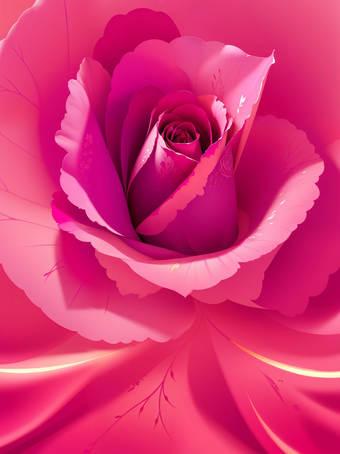 Abstract pink rose，the wallpaper，gouache painting，Bright colors，There are water droplets on the petals，The flowers and leaves are intact，Graphic design style，iintricate，Clear details，Has a small amount of metallic linear color，White clean undertone，4k，