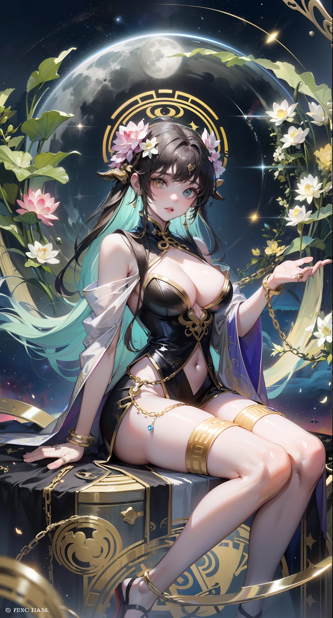goddes,solo,(wearing Taoist robe suit made out of stars and galaxies and cosmic energy,intricate girl body made out of nebula,floating starry sky water ripple:1.25)full body shot,(Guanyin sitting lotus,hand magic circle,planet-chain-flowers,full moon Saturn ring halo,Blossoming flowers branches hair,branch horn:1.3),smooth zenithal lighting,official artwork