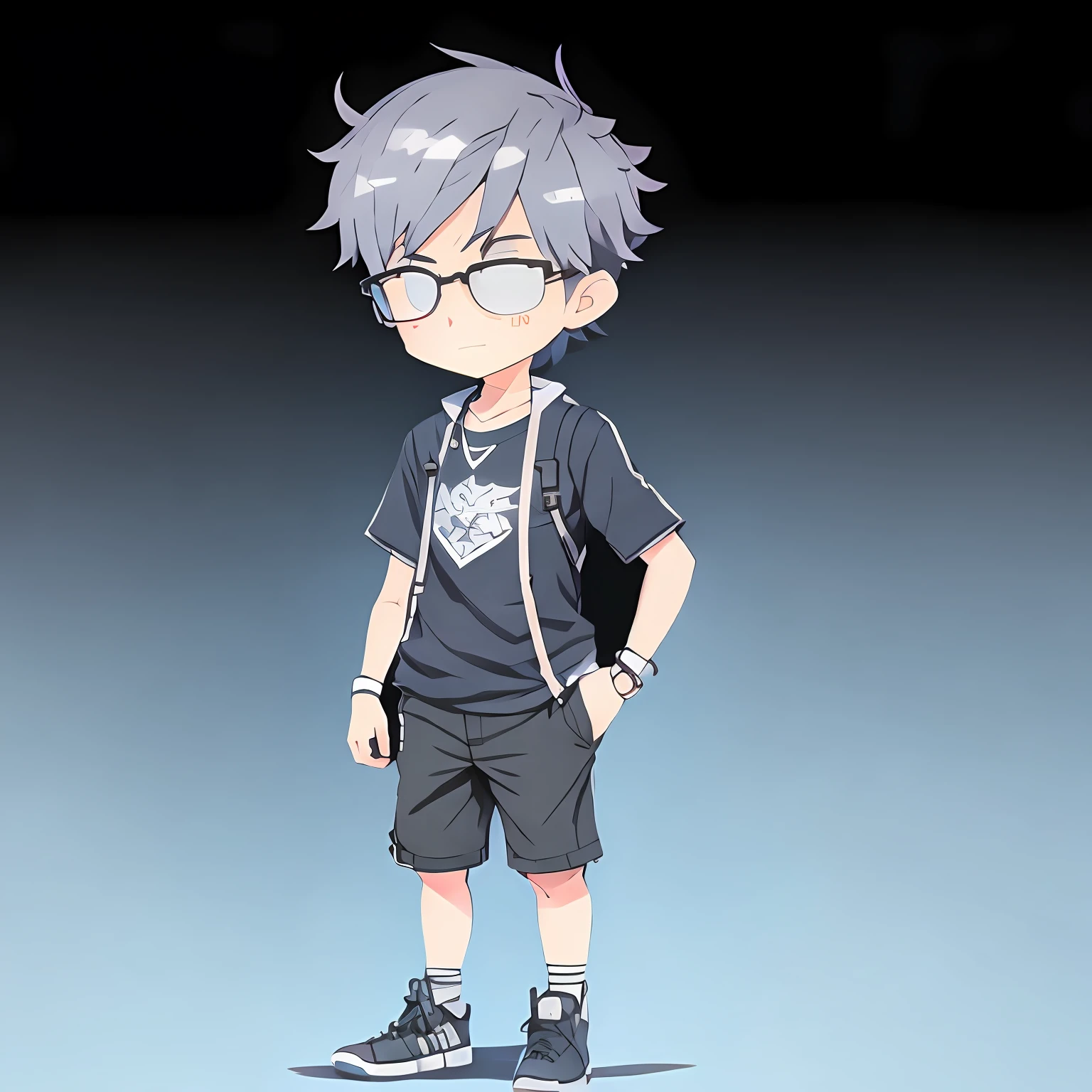 Anime boy with glasses and black shirt standing in front of black background, Single character full body, full body portrait of a short!, 2 d anime style, full body single character, Anime Stylization, Stylized anime, Anime boy, anime style character, full body character, Anime style. 8K, anime moe art style, highly detailed character, 2 d style