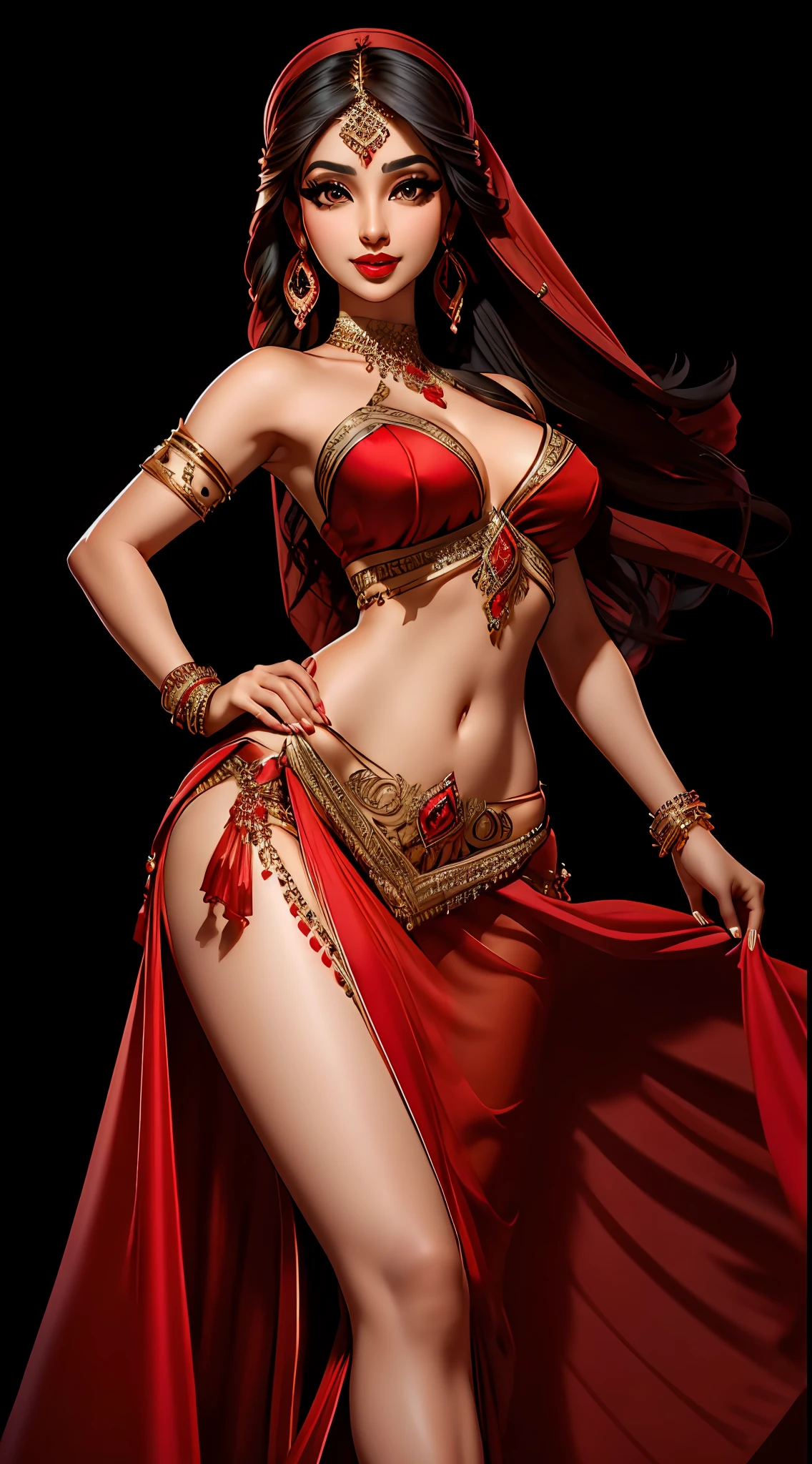Arabian woman with bare shoulders in a seductive belly dancer dress. She has captivating red lips, striking makeup, and alluring earrings and jewelry. Her gaze is fixed upon the viewer, showcasing her sexy legs