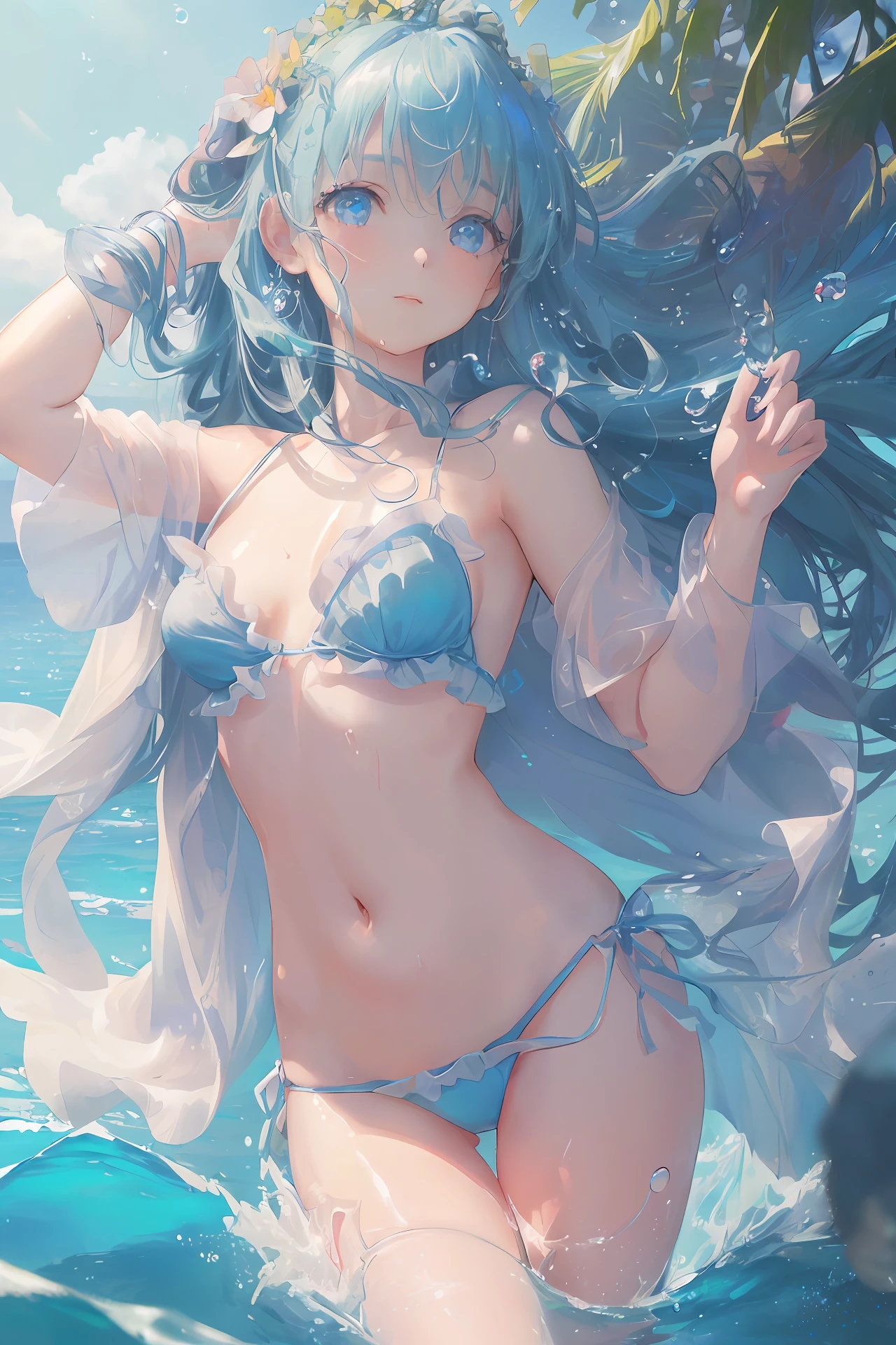 art by Cornflower, Dreamy
(A petite figure,Girl with beautiful eyes. The depth of field in the photo was perfect, and the lens flare added a nice touch. The meticulous facial features on her face are really prominent, And the score of this photo is definitely greater than 10. in the background, There is a beautiful ocean,The sea is crystal clear,There are water droplets on the surface of the water. It's a stunning photo,Really captured the beauty of the girl and the water.)