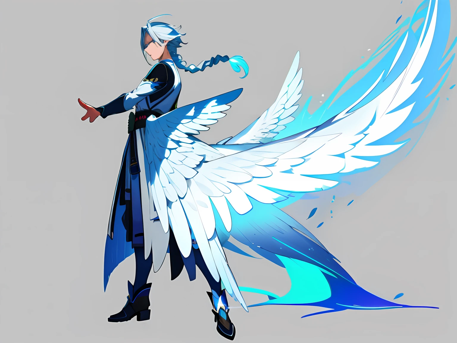 ((Masterpiece)),(((Best quality))),((CharacterDesignSheet,Same character,Front,Side,back)),illustration,1 girl, teens girl， diferentes poses, Blue color palette, Silver-white hair, Double twist braid neon color,Beautiful eyes,environment Scene change, Pose too, Male angel, Angelic, angel wing, feathered wings, The feathers in his hair hold a magical katana, charturnbetalora, (Simple background, White background: 1.3), 8K,16k