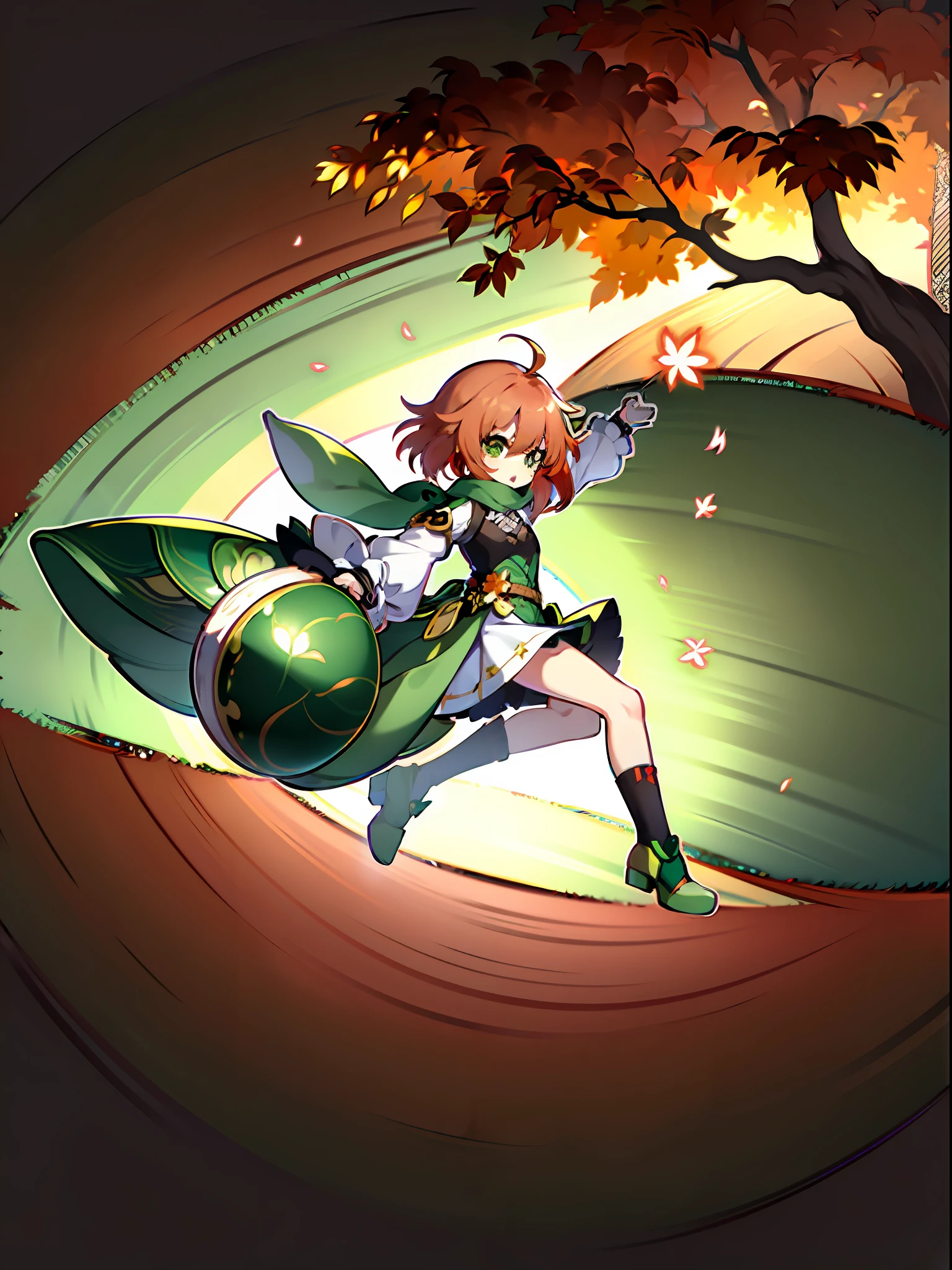 (masterpiece), best quality, expressive eyes, perfect face, ((small, cartoon, anime)), happy, tiny, cute, young girl, short hair, simple design, bangs, ((green hat, brown sling bag, green scarf, gloves, skirt, shoes)) young, ((brown eyes, green reflections, orange highlights)), (unique outfit, patterns, long cape, tree design on skirt, long-sleeved with leaves, cuffs, knee high socks, shirt asymmetry, orange hair, hair pin, flying book), fullbody, full body, splash screen, (swirling background, dynamic scene, autumn, ahoge) 18th century clothing, genshin impact, green ivy cap, green hat, sling bag, ((young girl, child, young lady, , chibi, small, tiny, cute))
