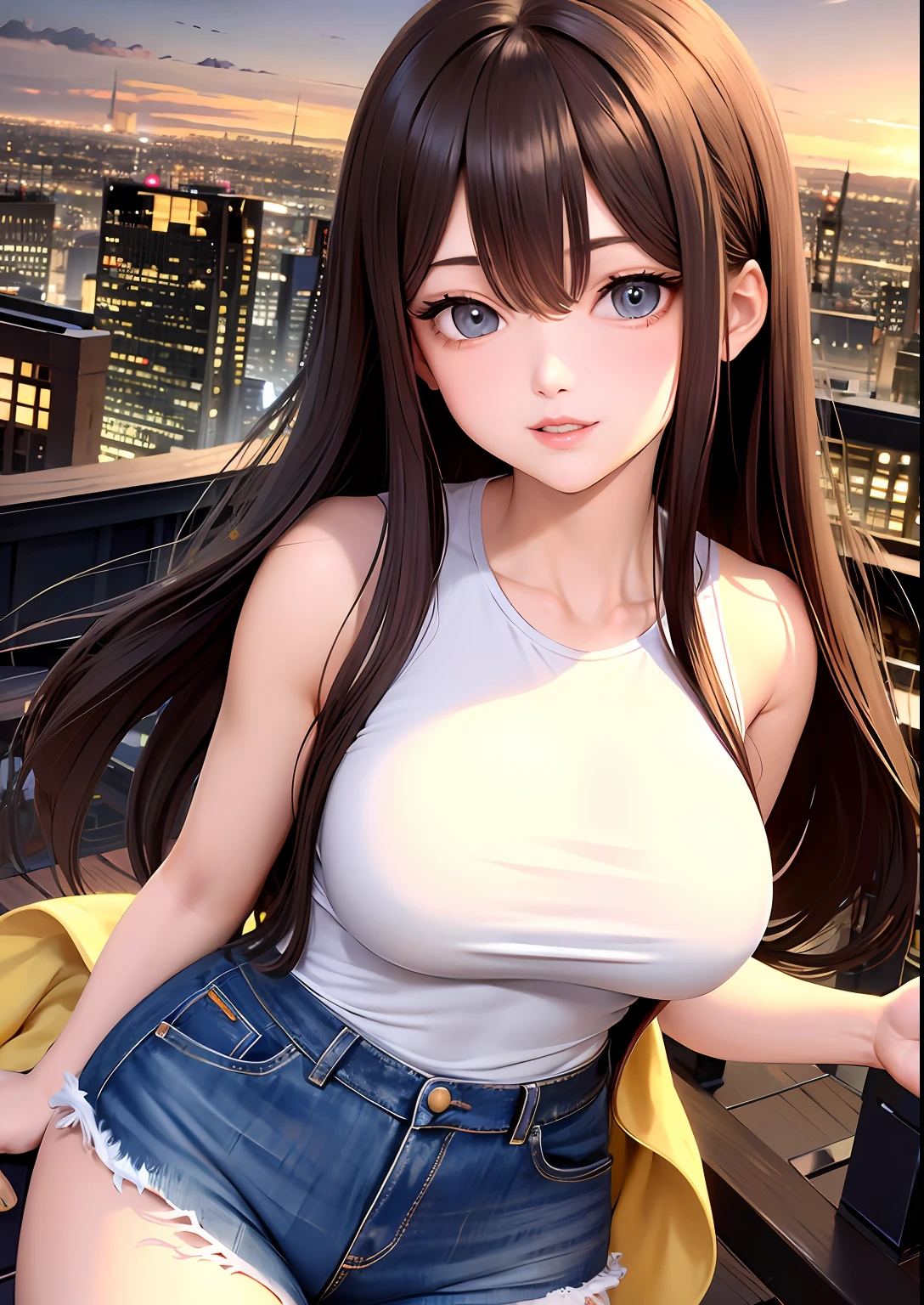 ((Midnight, Best quality, 8k, Masterpiece :1.3)), Whole body, Long legs, Sharp focus :1.2, A pretty woman with perfect figure :1.4, Slender abs :1.1, ((Dark brown hair, Big breasts :1.2)), (White tight tshirt, Jean bib, Standing:1.2), ((Night city view, Rooftop:1.3)), Highly detailed face and skin texture, Detailed eyes, Double eyelid