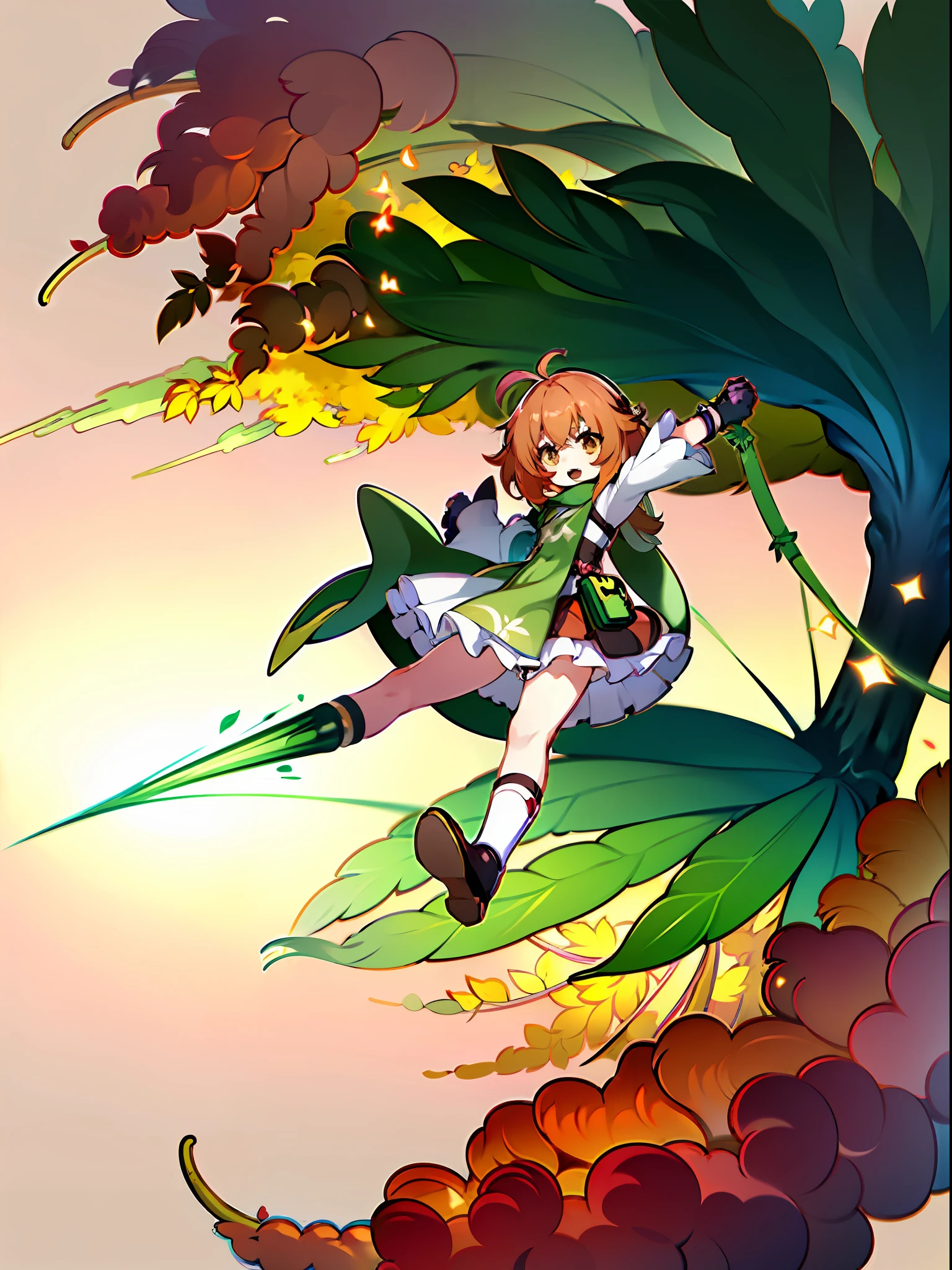 (masterpiece), best quality, expressive eyes, perfect face, ((small, cartoon, anime)), happy, tiny, cute, young girl, short hair, simple design, bangs, ((green hat, brown sling bag, green scarf, gloves, skirt, shoes)) young, ((brown eyes, green reflections, orange highlights)), (unique outfit, patterns, long cape, tree design on skirt, long-sleeved with leaves, cuffs, knee high socks, shirt asymmetry, orange hair, hair pin, flying book), fullbody, full body, splash screen, (swirling background, dynamic scene, autumn, ahoge) 18th century clothing, genshin impact, green ivy cap, green hat, sling bag, ((young girl, child, young lady, loli, chibi, small, tiny, cute))