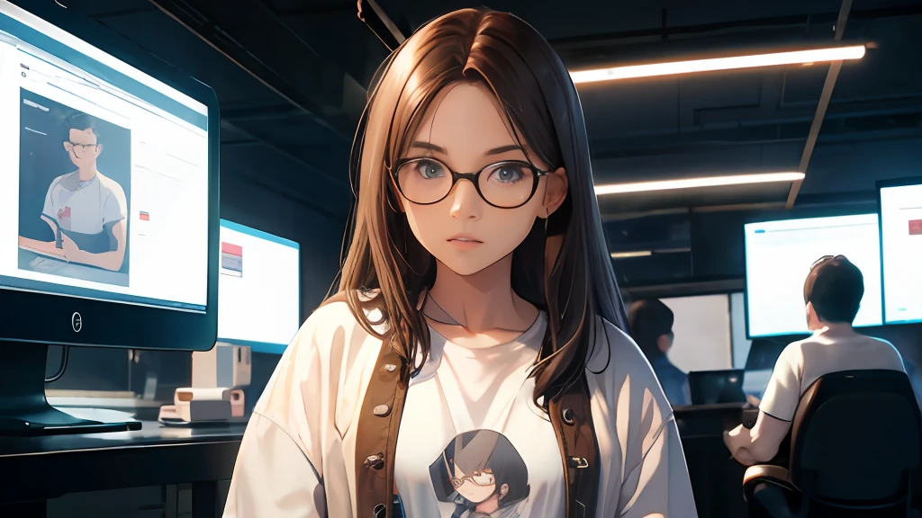 Brown hair and glasses、Young gymnast in jeans, White T-shirt and denim jacket on the left, Computer on the computer screen, Various cord-realistic movies in the matrix style