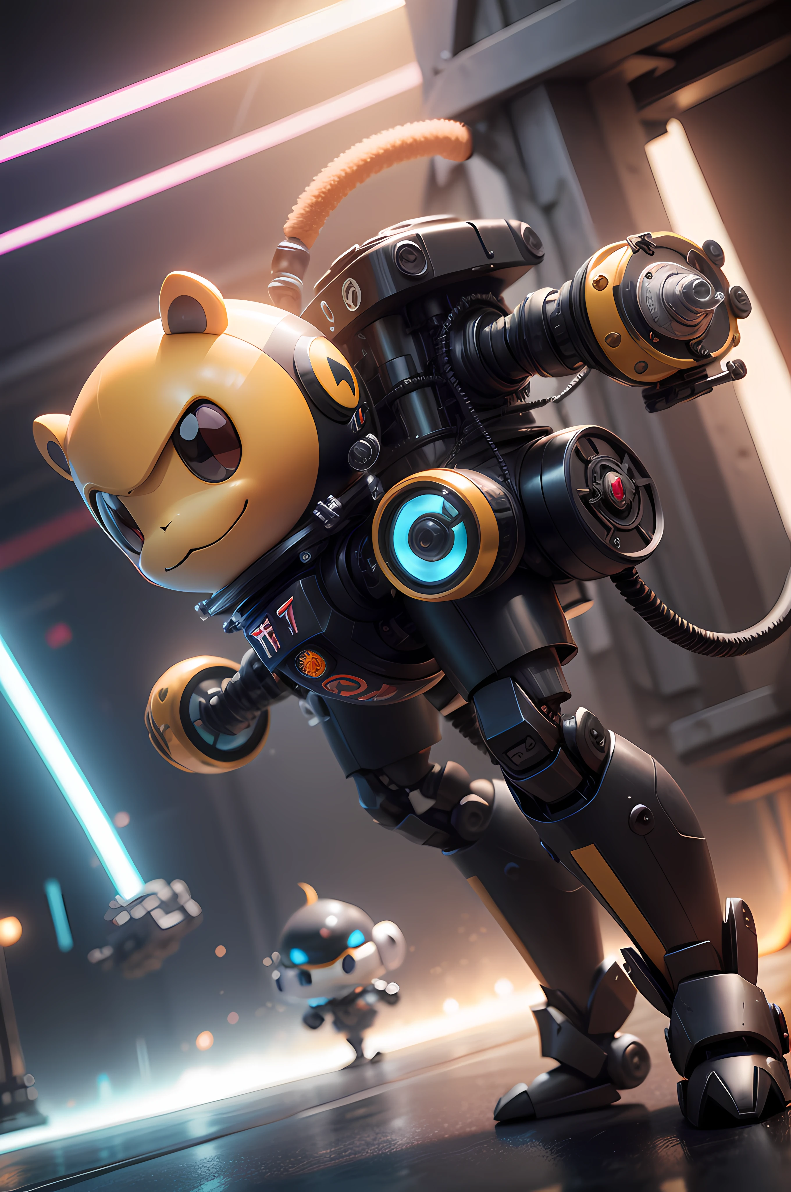 (Mechanical Monkey: 1.331), Tesla Coil, (Mechanical Monkey Tail), Cute Style, Small, Big Head, 3D Rendering, ((Q Version)), Pokémon Style, Machine Style, Cinematic Texture, Figure, Pokémon, Movie Lights, Heavy Robotic Arm, Mechanical Belly, Mechanical Legs, Mechanical Legs, Mechanical Feeling, Background Surround Lightning, Spinning, Colorful Lightning, Cool, Clean White Background, Ray Tracing, Premium Colors, Full Body 3D Model, Action, Fashion Blind Box Toys. (fill body:1.2),chibi