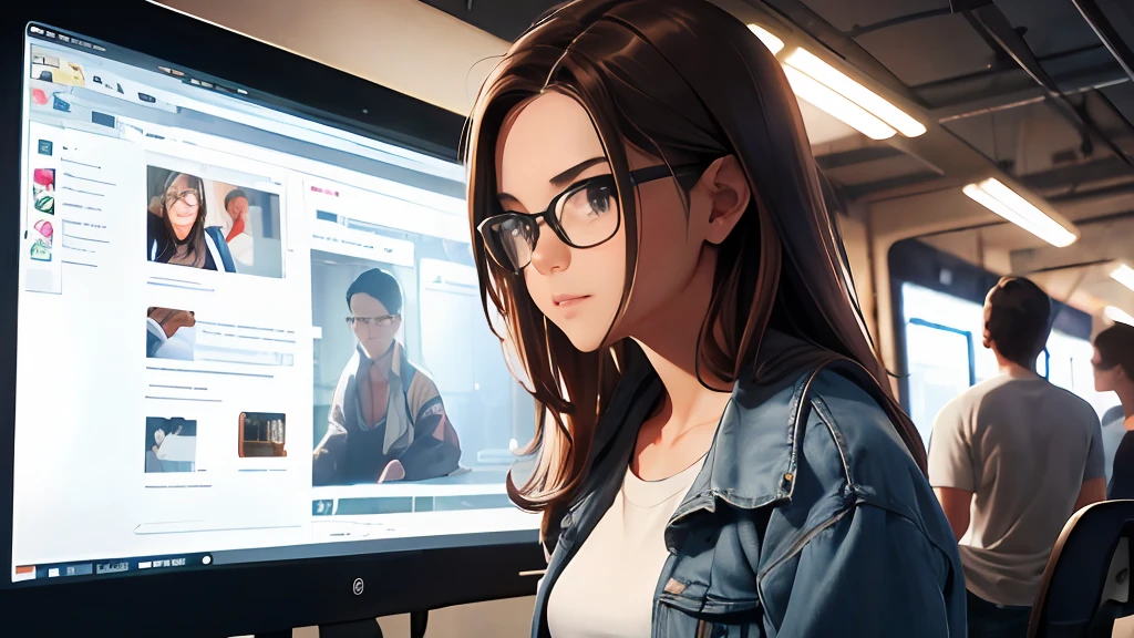 Brown hair and glasses、Young gymnast in jeans, White T-shirt and denim jacket on the left, Computer on the computer screen, Various cord-realistic movies in the matrix style