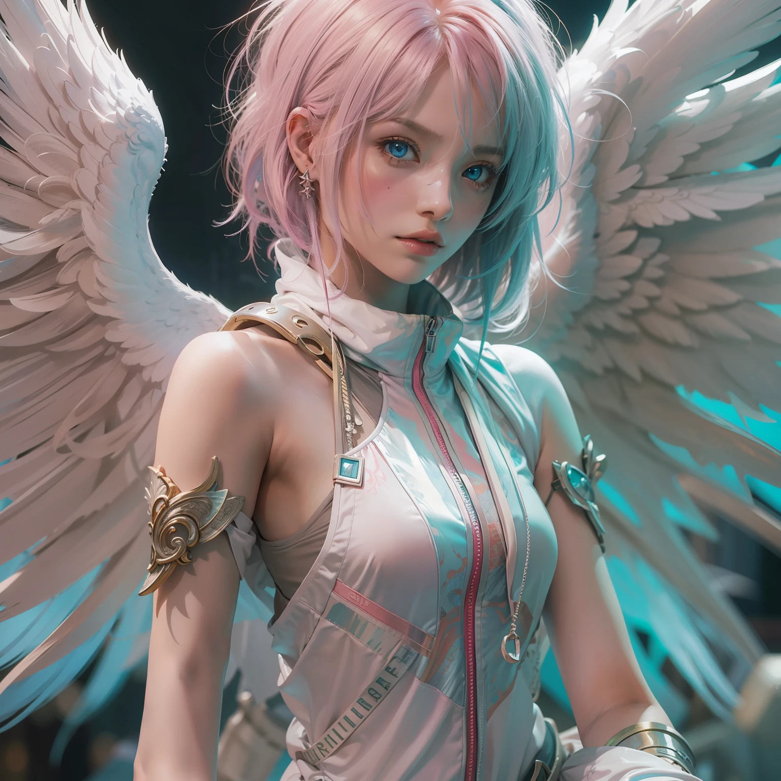 Ikaros from Sora no Otoshimono, pink-haired celestial being with captivating blue eyes. She has a slender and graceful figure, wearing a revealing white outfit with intricate silver accents. Her wings, resembling angelic feathers, radiate a soft glow. , in track suit, off the track field, ((thin, small)), photorealistic, photo, masterpiece, realistic, realism, photorealism, high contrast, photorealistic digital art trend on Artstation 8k HD high definition detailed realistic, detailed, skin texture, hyper detailed, realistic skin texture, armor, best quality, ultra high resolution, (photorealistic: 1.4), high resolution, detailed, raw photo, sharp re, By Lee Jeffries Nikon D850 Film Stock Photography 4 Kodak Portra 400 Camera Lens F1.6 Rich Colors Realistic Texture Hyper Realistic Dramatic Lighting UnrealEngine Tending on Artstation Cinestill 800,