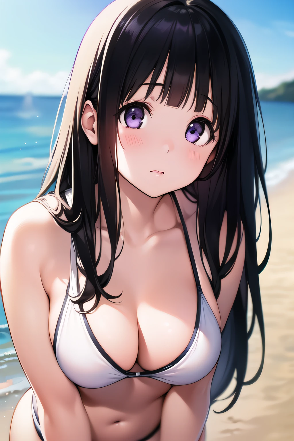 A superb exquisite Chitanda Eru, purple eyes, black long hair, natural straight hair, straight bangs, (Small_breasts: large_breasts: 0.4), solo, ((bikini_pull)), ((seaside)), ((panic face)), extremely delicate, straight facial features, peerless beautiful girl, soft, (sensual), (kawaii), dreamy quality, light white and dark brown, exaggerated facial features, solid color, frank holly, delicate face, bright lips slightly open, slender waist, soft curves, real light and shadow, super fine, 4k, natural moving, Ultra high resolution, (masterpiece:1.2, best quality), (finely detailed beautiful eyes: 1.2), (beautiful detailed face)