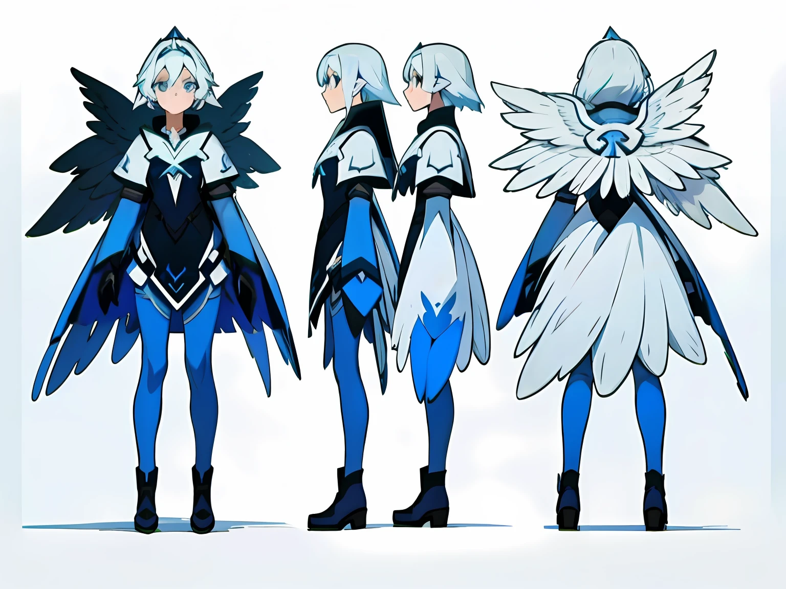 ((Masterpiece)),(((Best quality))),((CharacterDesignSheet,Same character,Front,Side,back)),illustration,1 girl, teens girl, diferentes poses, Blue color palette, Silver-white hair, Beautiful eyes,environment Scene change, Female angels, Angelic, angel wing, Feathered wings,charturnbetalora, (Simple background, White background: 1.3), 8K,16k