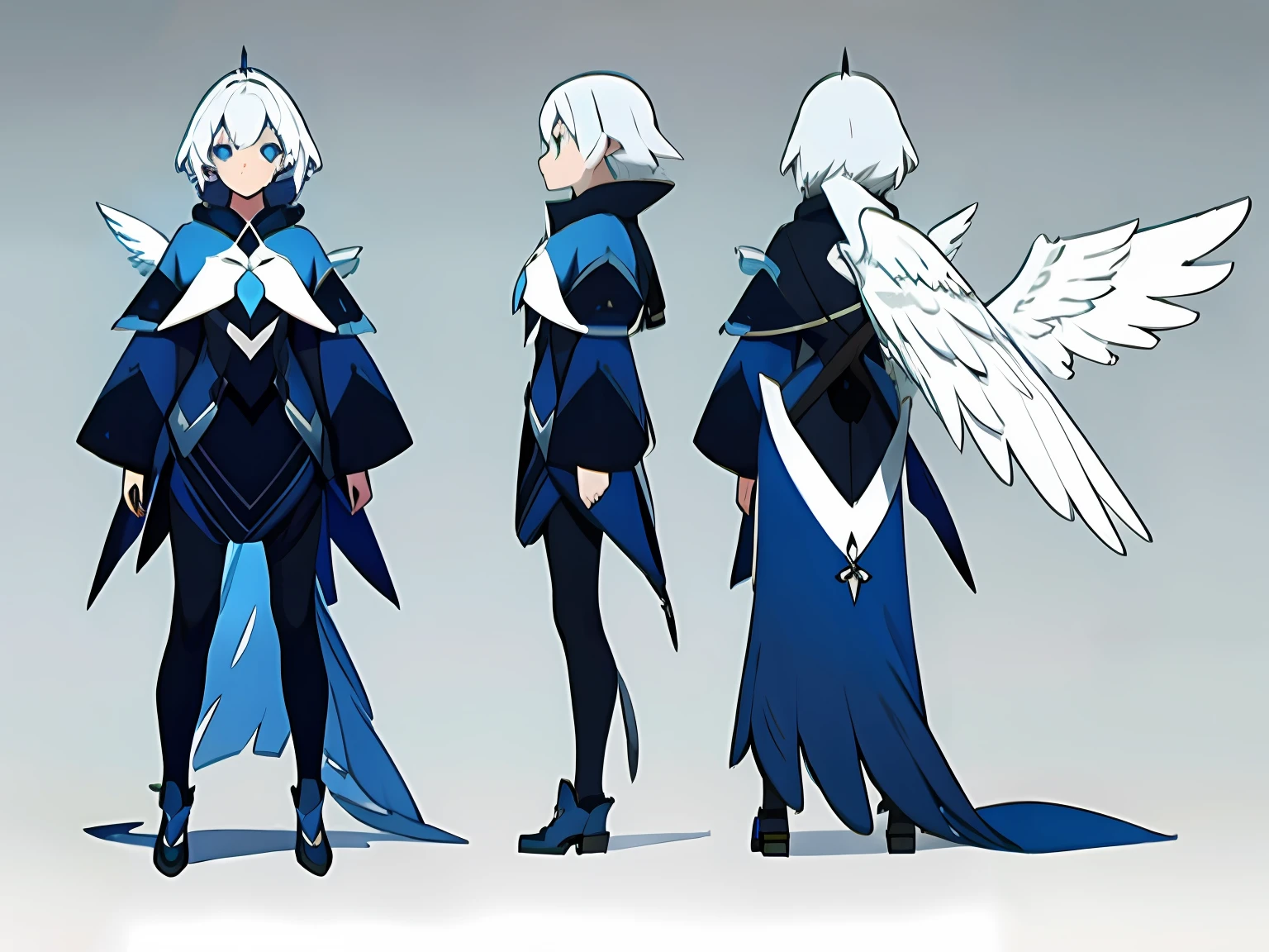 ((Masterpiece)),(((Best quality))),((CharacterDesignSheet,Same character,Front,Side,back)),illustration,1 girl, s girl, diferentes poses, Blue color palette, Silver-white hair, Beautiful eyes,environment Scene change, Female angels, Angelic, angel wing, Feathered wings,charturnbetalora, (Simple background, White background: 1.3), 8K,16k