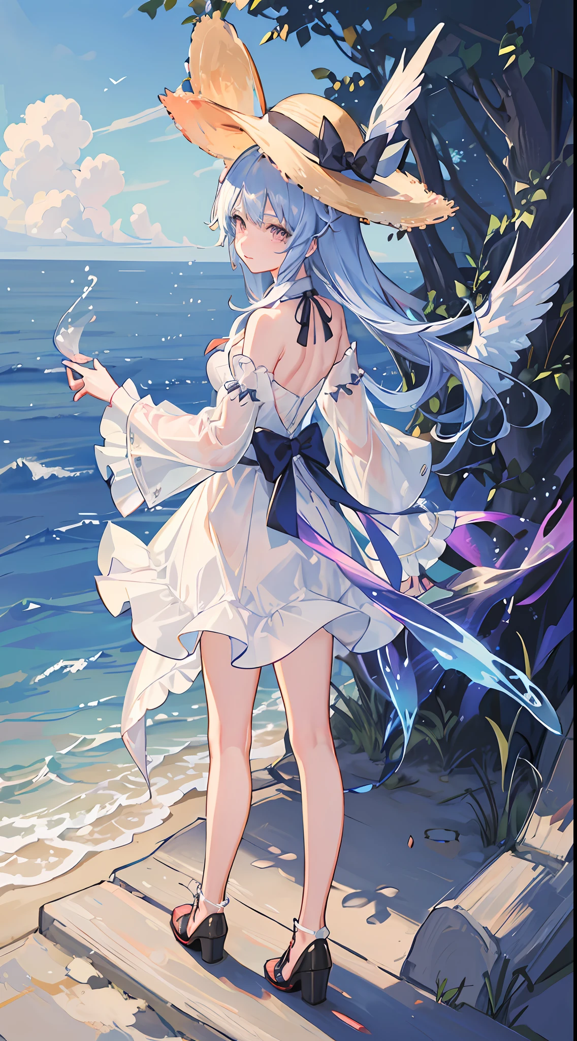 1girll，Straw Hat Hat，white swimwear，比基尼，Bare belly，Long messy hair，short transparent dress，see-through sleeves，A lot of smoke，Exquisite，Elegant colors，high detal，tmasterpiece，ultra - detailed，dynamic angle，Mural background，water ink，astounding，cinmatic lighting，illustratio，lightand shade contrast，The light from the back window is backlighted，God Ray，Best quality at best，Best quality at best