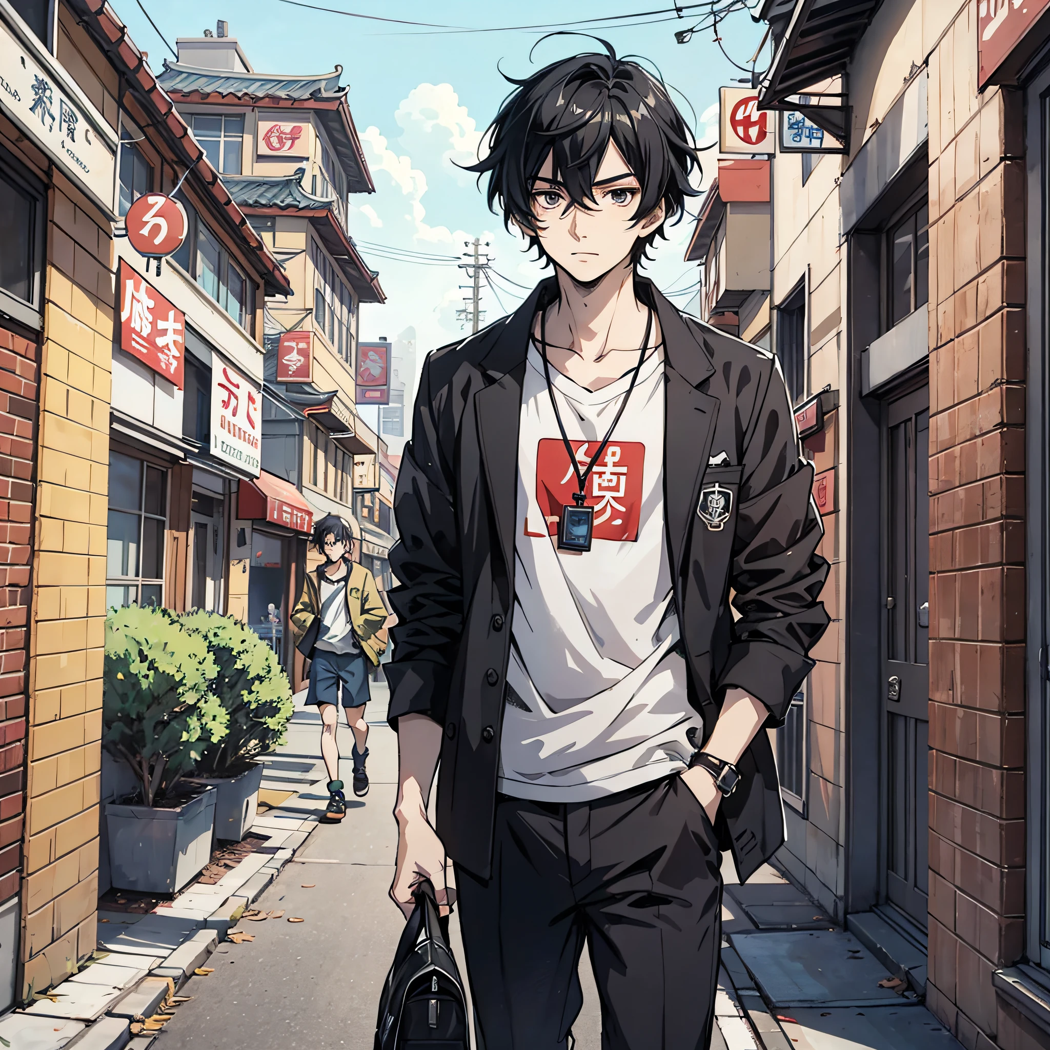 Anime style 4K,Anime rendering,style of anime,China Campus,A young man with messy black hair,on the campus,are standing,A helpless expression,