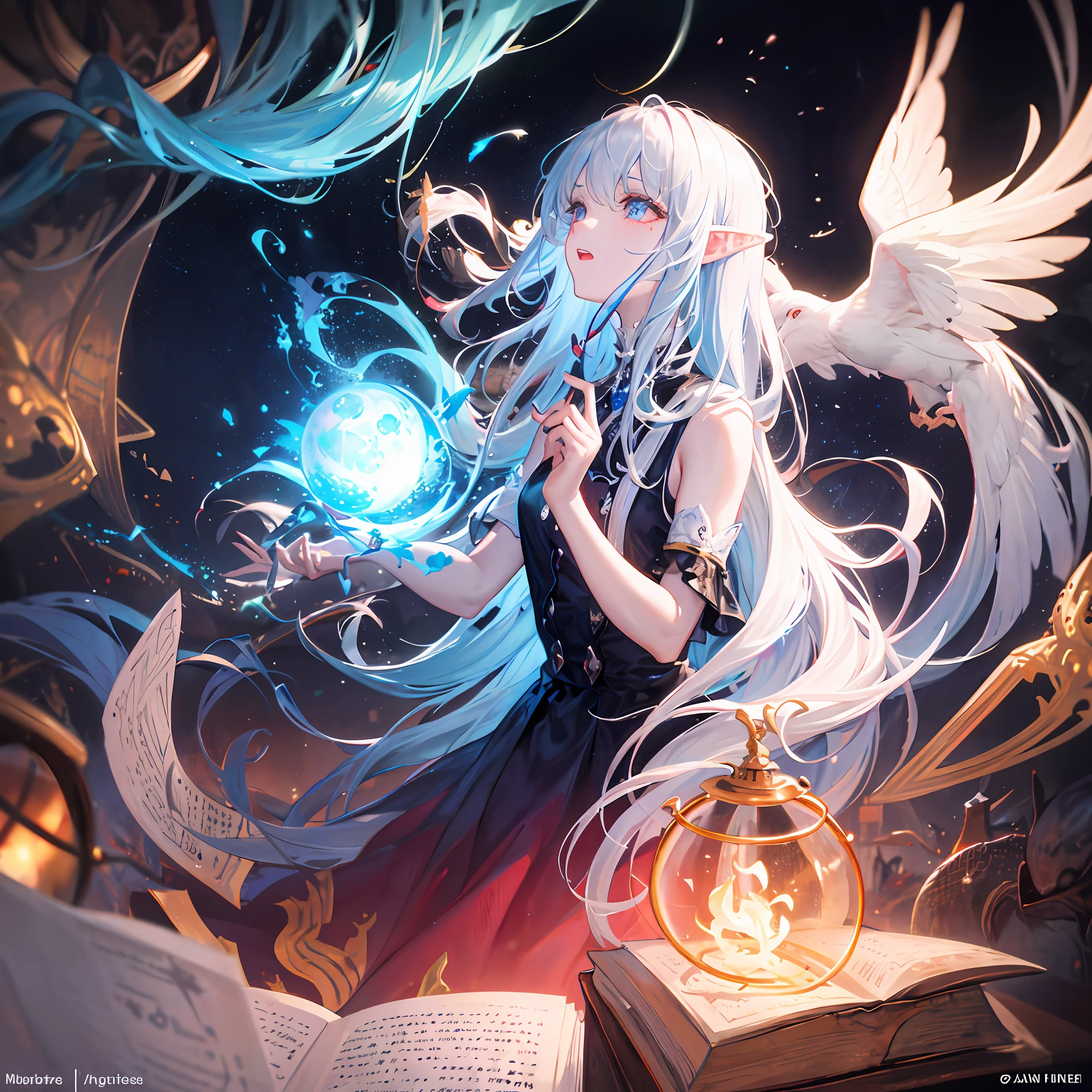death, blood, night, darkness, (fantasy), infinity, deep blue sky, abyss of knowledge, knowledge, ((masterpiece)),(((extreme))),((beautiful detailed eyes)),(eyelashes) , monster, (1 female), blue hair, long hair, abyssal eyes, shiny skin, oil, small chest, (bird body, feathers), rags, Tzeentch, elf, extremely fine CG unity 8k wallpaper, masterpiece ,((ultra-detailed)),((illustration)), colorful, wallpaper, energy, unknown horror, arcane, magic surrounding, magic surrounding, magic wand, book pages, flying all over the sky, knowing what it is, predicting the future, understanding the past , Infinite Wisdom, Blue Flame, Warlock, Magic Circle, Pentagram, Mantra, Mantra, Singing Magic,