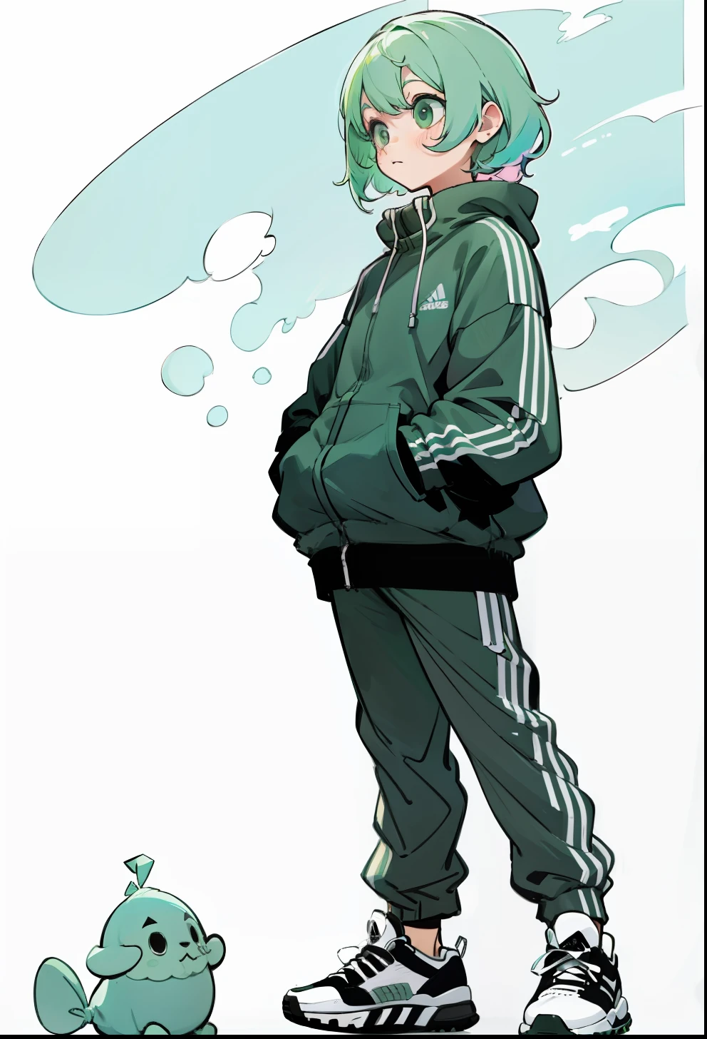 Pastel green hair, 1Girl, Adidas Clothing, stand up