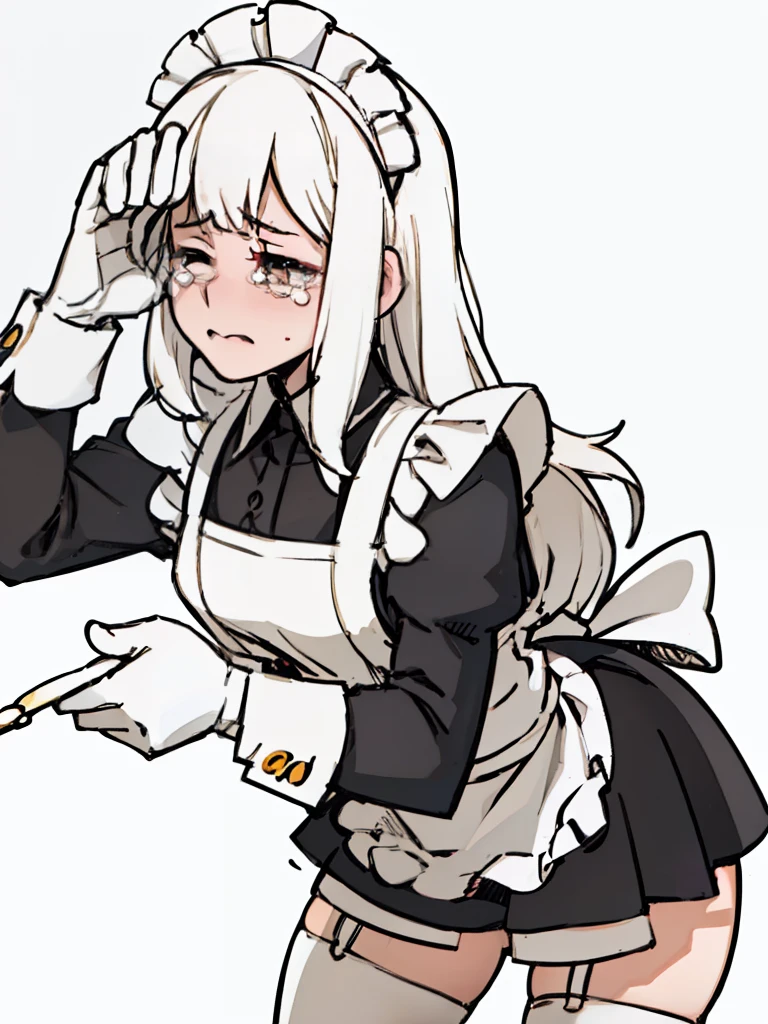 A girl frontal,((full bodyesbian,Long curly white hair,the maid outfit,streaming tears)),Calf white silk,Put your hands in front,Young, White background