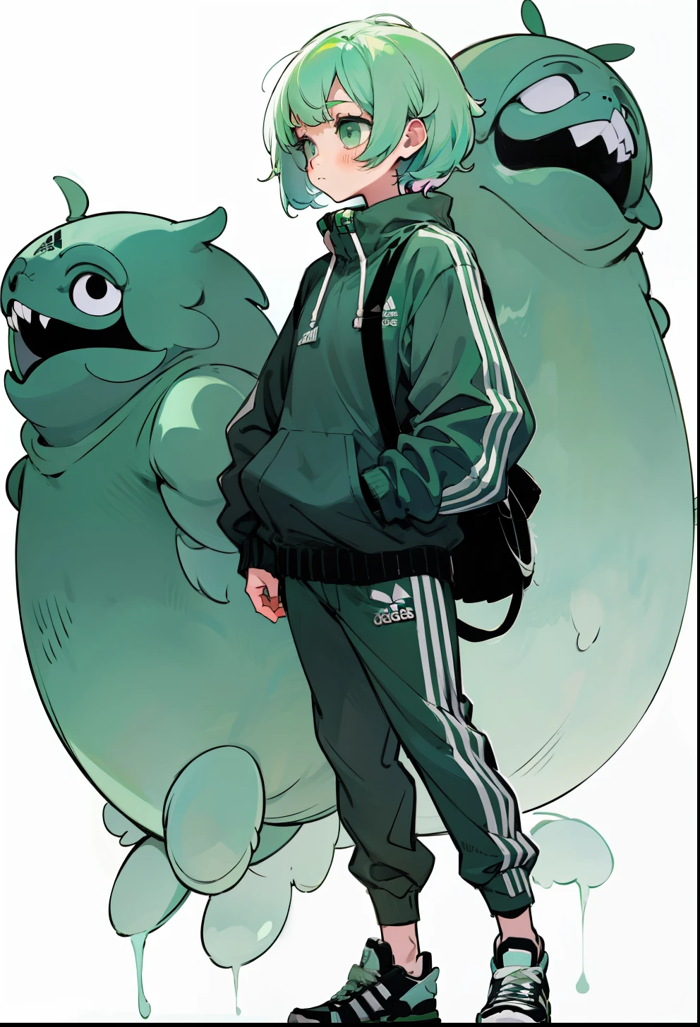 Pastel green hair, 1Girl, Adidas Clothing, stand up