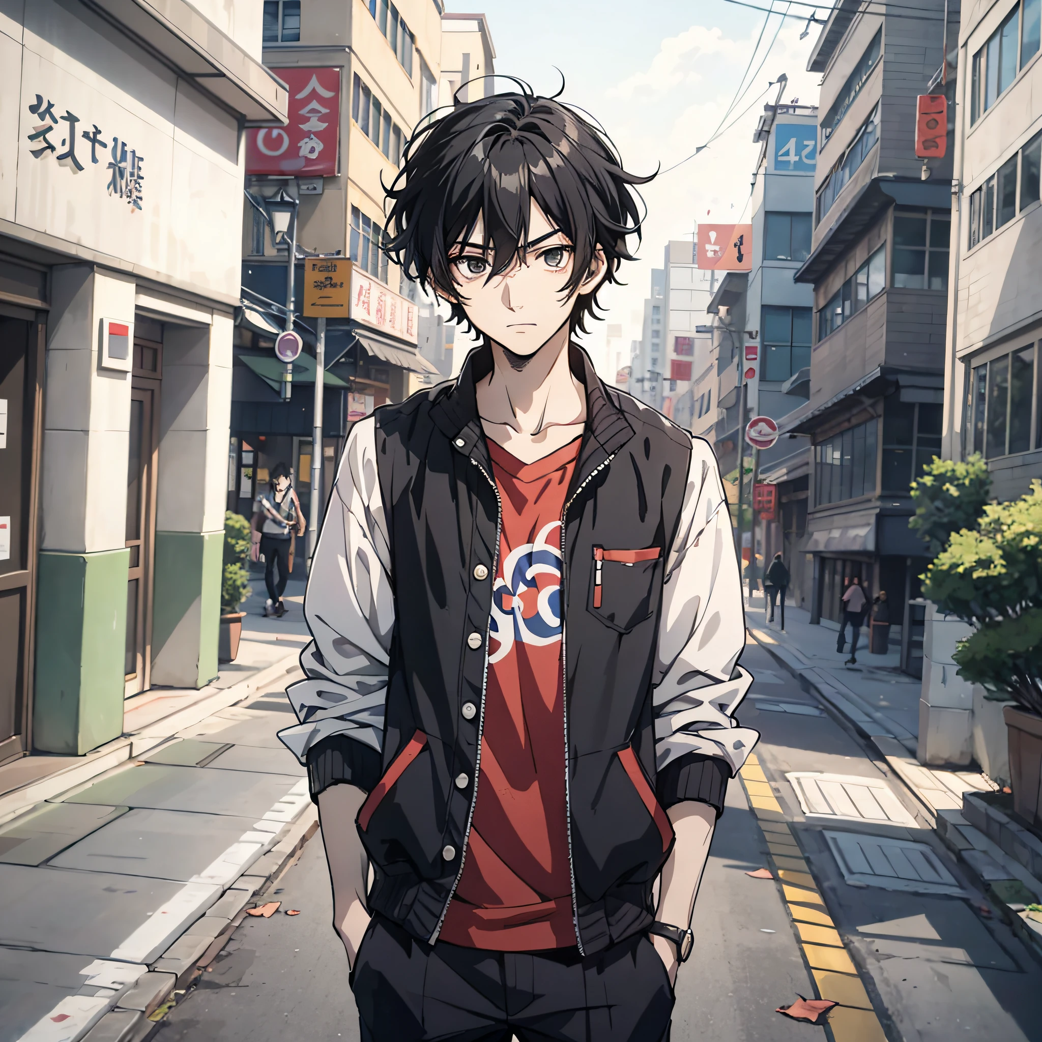 Anime style 4K,Anime rendering,style of anime,China Campus,A young man with messy black hair,on the campus,are standing,A helpless expression,