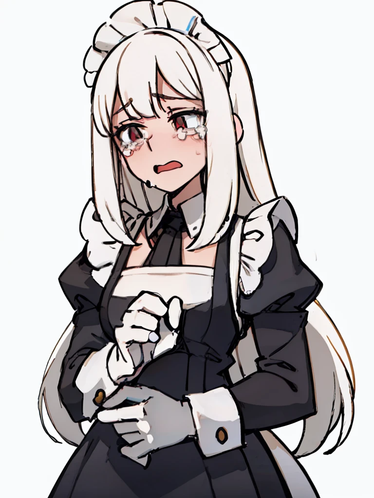 A girl frontal,((full bodyesbian,Long curly white hair,the maid outfit,streaming tears)),Calf white silk,Put your hands in front,Young, White background