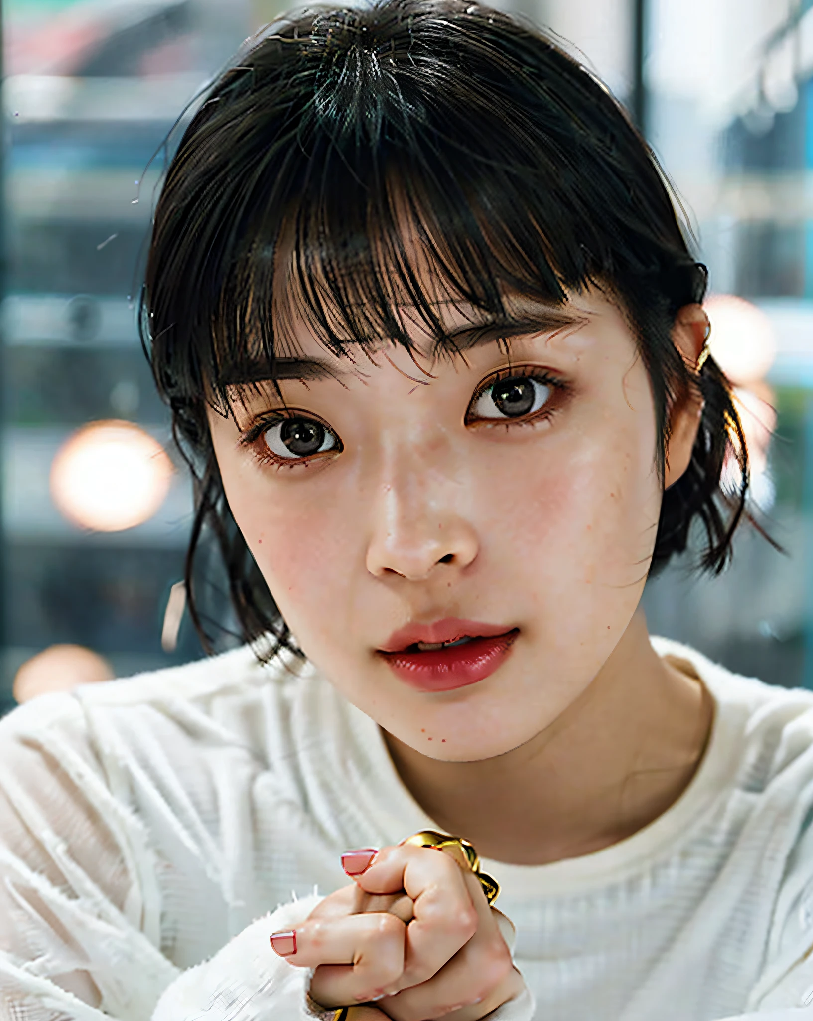 There was woman holding cell phone in her hand, with short hair, girl cute-fine-face, 8k artgerm bokeh, soft portrait shot 8 k, Portrait cute - delicate face, headshot profile picture, Beautiful Japanese girl face, Chiho, Realistic anime, detailed unblurred face, Realistic. cheng yi, high quality portrait