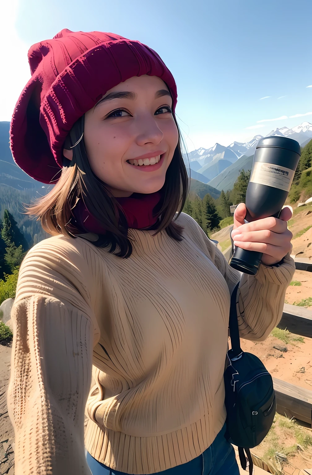 1 woman ((upper body selfie, happy)), masterpiece, best quality, ultra-detailed, solo, outdoors, (night), mountains, nature, (stars, moon) cheerful, happy, backpack, sleeping bag, camping stove, water bottle, mountain boots, gloves, sweater, hat, flashlight, forest, rocks, river, wood, smoke, shadows, contrast, clear sky, og style (look at viewer:1.2) (skin texture) (film grain:1.3), (warm hue, warm tone:1.2), close up, cinematic light, sidelighting, ultra high res, best shadow, RAW, upper body, wearing pullover