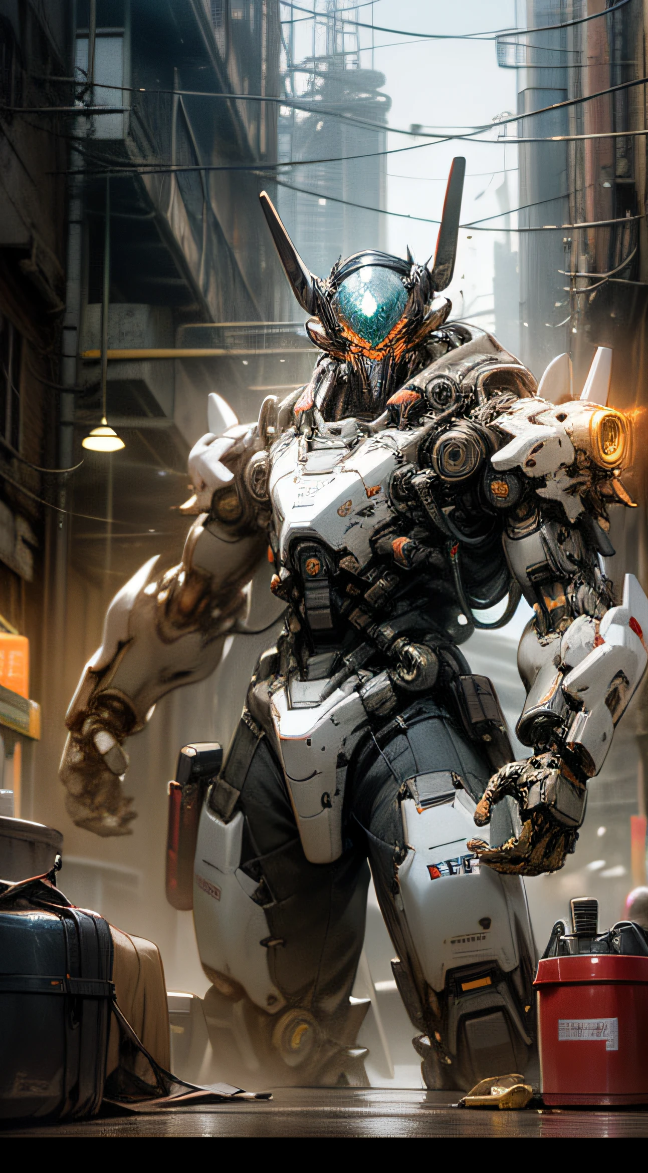 In the city，A tall building，solo person，Mechanical body，Hold a knife in your hand，glowing light eyes，Orange Mech，sci-fy，Neon light，cyber punk perssonage，8k wallpaper，Hyper-detailed work，Cinematic lighting，废墟，holdingweapon，There are no humans，Dark_fantasy,Cyberpunk,(Chainsaw,chainsawman,Red:1.1),1人,Mechanical Wonder,Robotic presence,cybernetic guardians,Wearing a shabby mech suit，iintricate，（Steel metal[Rust]），ellegance，Clear focus，Photo by Greg Rutkowski，Soft lights，vivd colour，tmasterpiece，（（Streets）），cow boy shot，dynamicposes，