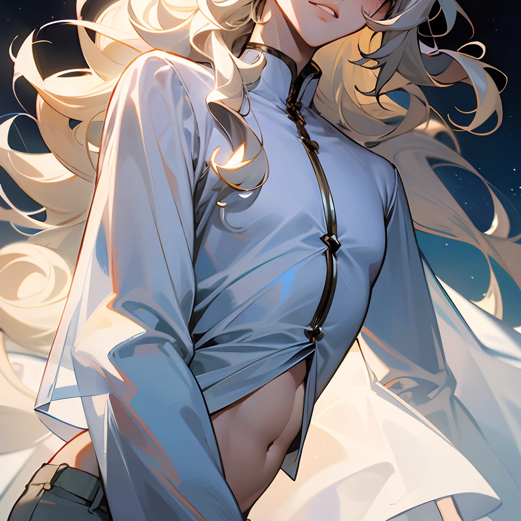 Masterpiece, Top Quality, (Solo Focus), (Perfect Face: 1.1), (High Detail:1.1),Dramatic, 1Guy, (Pale Skin), Long White Hair, White Eyes, [Light Eyebrows], Man, Solo, Long Hair, Moon, Night, White Luxury Suit, Closed Navel, Puffy Lips, (Beauty Marks), Man, Slim Waist, Long White Volume Hair, Curly Hair, Thin, Fair Skin, Delicate Facial Features, Man, Omega, Sexy, Transparent Wide-Sleeved Shirt,  tight pants, blue eyes, young man, white, blonde hair, white hair, man, man, man