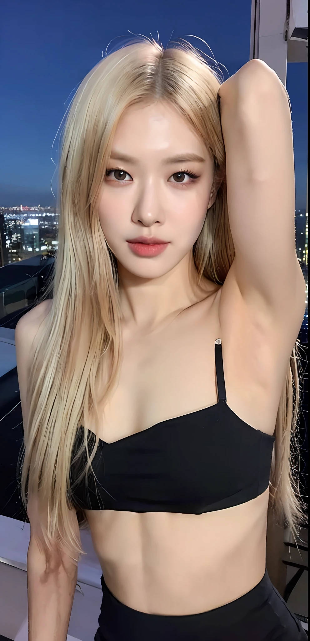 ((Midnight, Best quality, 8k, Masterpiece :1.3)), Whole body, Long legs, Sharp focus :1.2, A pretty woman with perfect figure :1.4, Slender abs, slender thigh :1.1, ((blonde hair, Big breasts :1.2)), (naked, standing, upper body: 1.2), ((Night city view, Rooftop:1.3)), Highly detailed face and skin texture, Detailed eyes, Double eyelid, closer, armpits, smirk