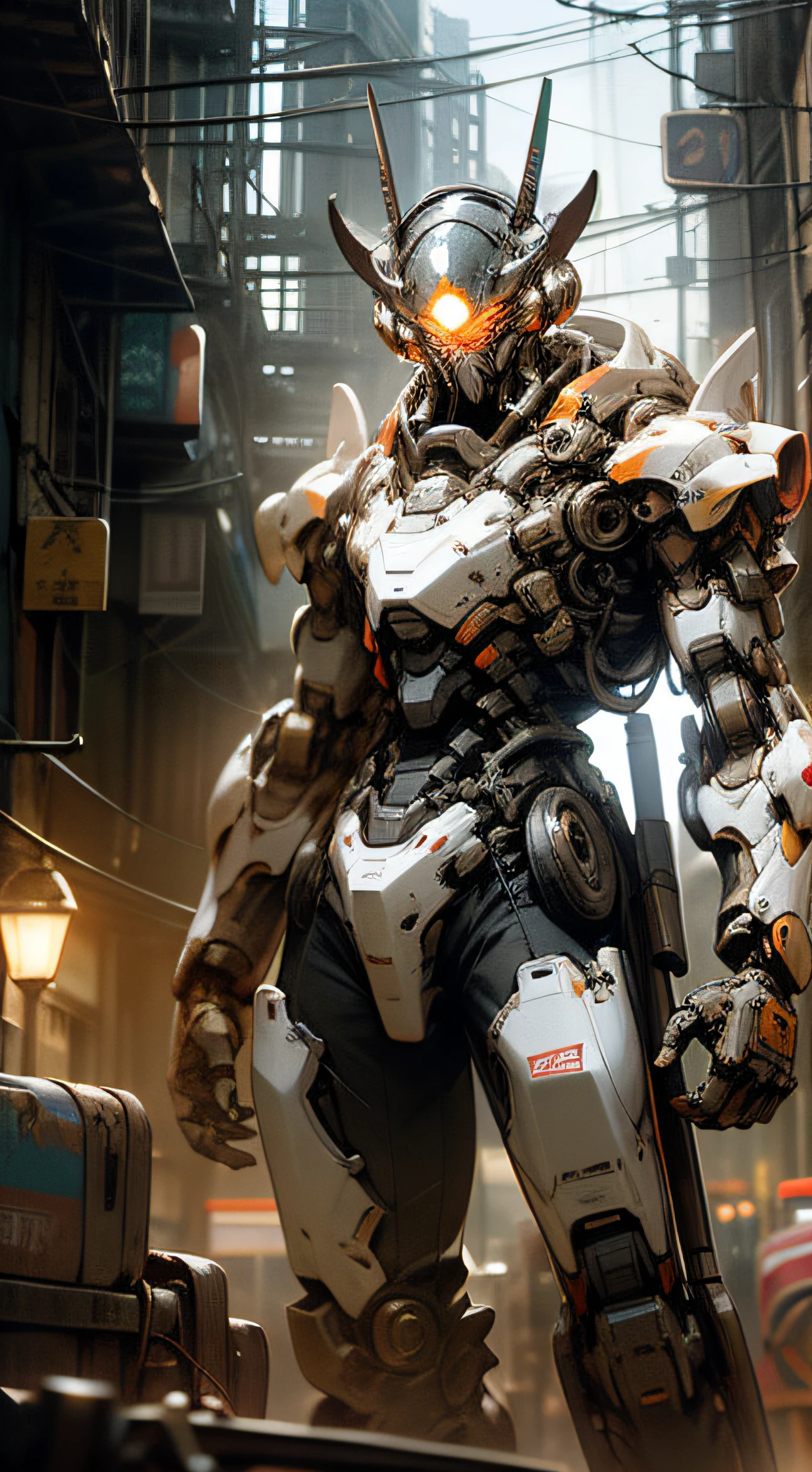 In the city，A tall building，solo person，Mechanical body，Hold a knife in your hand，glowing light eyes，Orange Mech，sci-fy，Neon light，cyber punk perssonage，8k wallpaper，Hyper-detailed work，Cinematic lighting，废墟，holdingweapon，There are no humans，Dark_fantasy,Cyberpunk,(Chainsaw,chainsawman,Red:1.1),1人,Mechanical Wonder,Robotic presence,cybernetic guardians,Wearing a shabby mech suit，iintricate，（Steel metal[Rust]），ellegance，Clear focus，Photo by Greg Rutkowski，Soft lights，vivd colour，tmasterpiece，（（Streets）），cow boy shot，dynamicposes，