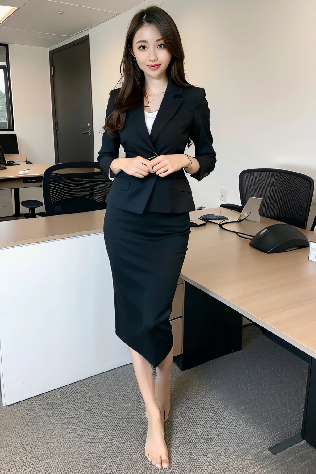 best qualtiy, Full body like,Barefoot,Refined face,pretty face,25 years old woman,slimfigure,Larger bust,office lady uniform,Office wear,office room